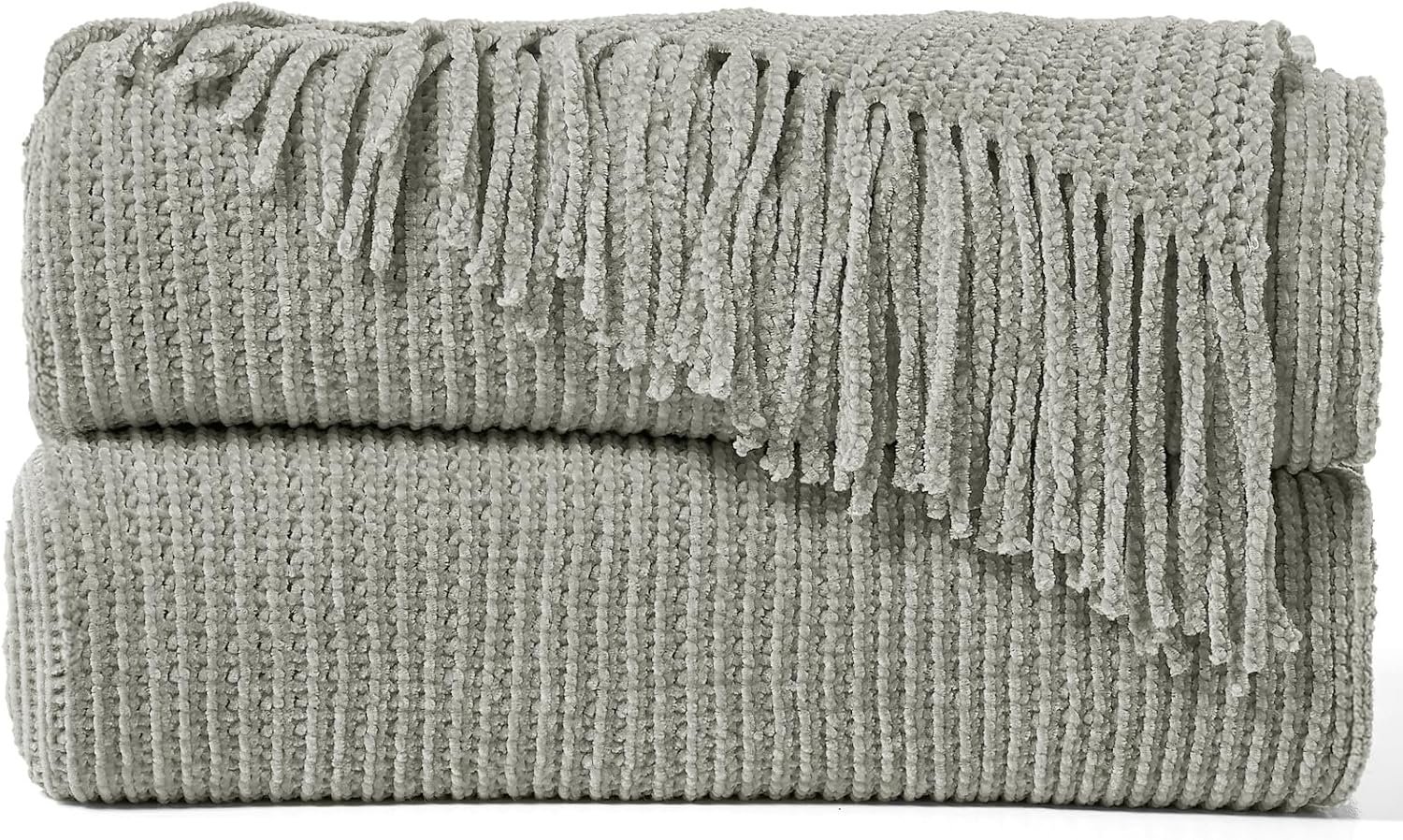 inhand Throw Blanket for Couch Bed,Chunky Chenille Woven Soft Blankets with Tassels, Cozy Boho Farmhouse Fall Winter Decor,Warm for Women,60″x80″,Medium Thick-Light Grey