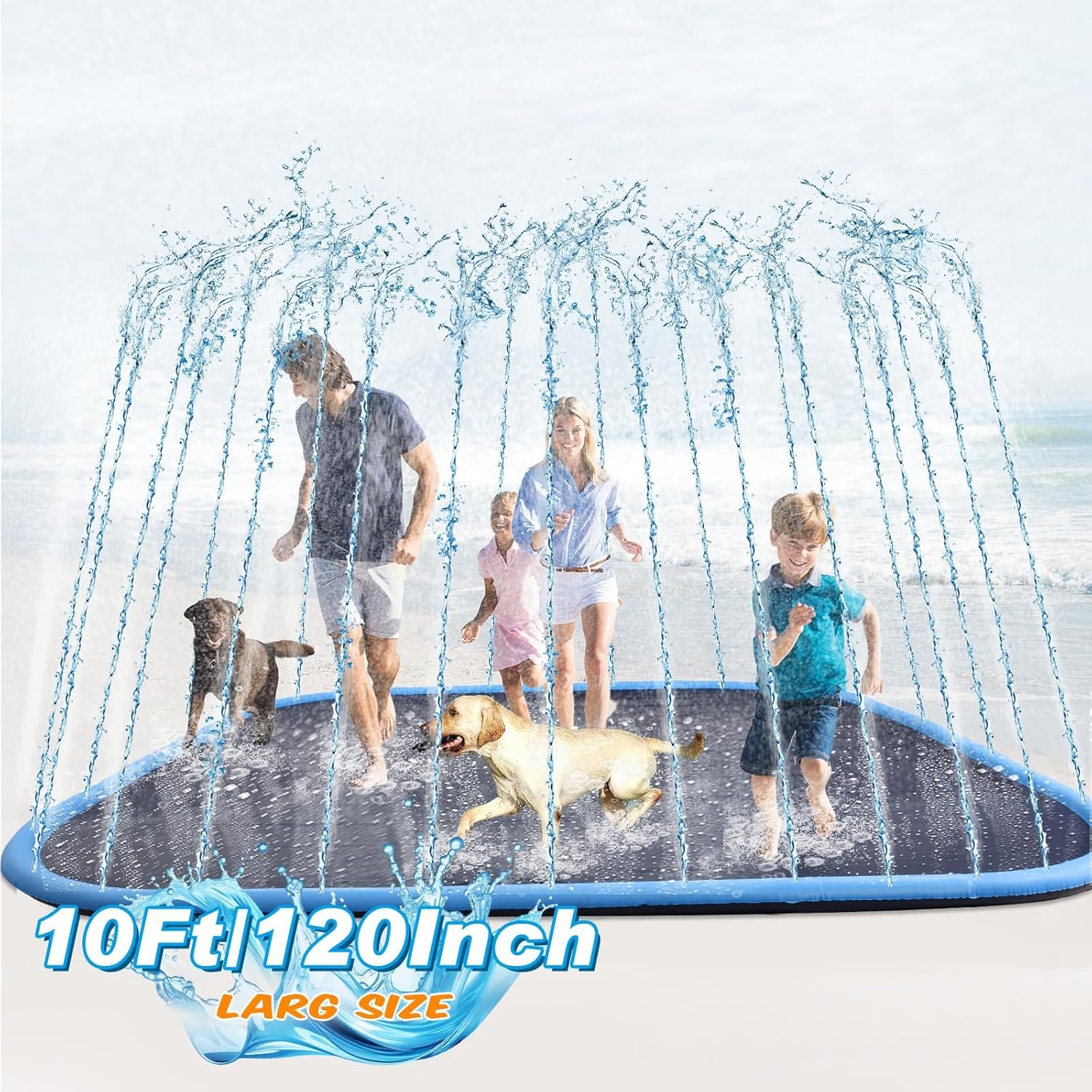 Lewtemi 10 ft Extra Large Non-Slip Splash Pad 120″ for Adult Kids and Dog, Giant Thicken Sprinkler Pool Summer Outdoor Toys Fun Backyard Fountain Play Mat for Family Pet Dog(Blue,Square Style)