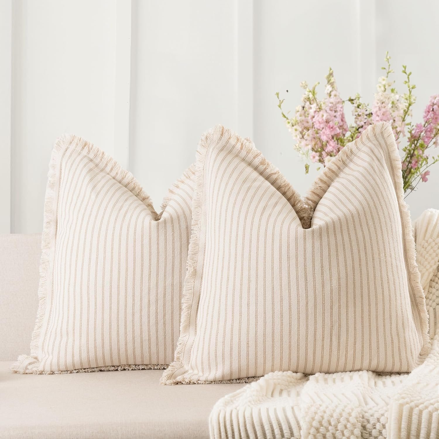 ZWJD Throw Pillow Covers 18×18 Set of 2 Striped Pillow Covers with Fringe Chic Cotton Decorative Pillows Square Cushion Covers for Sofa Couch Bed Living Room Farmhouse Decor, (Khaki)