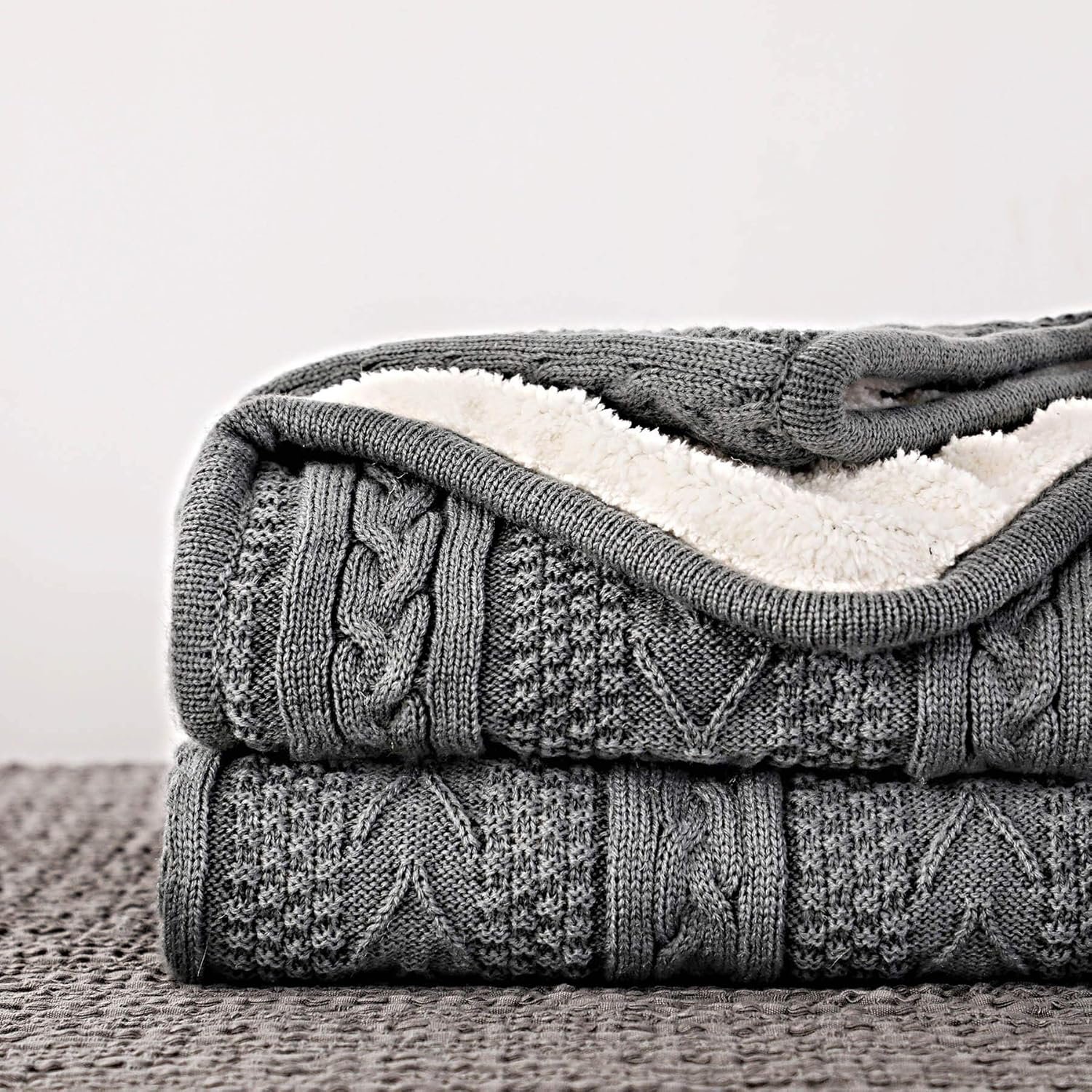 Longhui bedding Acrylic Cable Knit Sherpa Throw Blanket – Thick, Soft, Big, Cozy Grey Knitted Fleece Blankets for Couch, Sofa, Bed – Large 50 x 63 Inches Gray Coverlet All Season