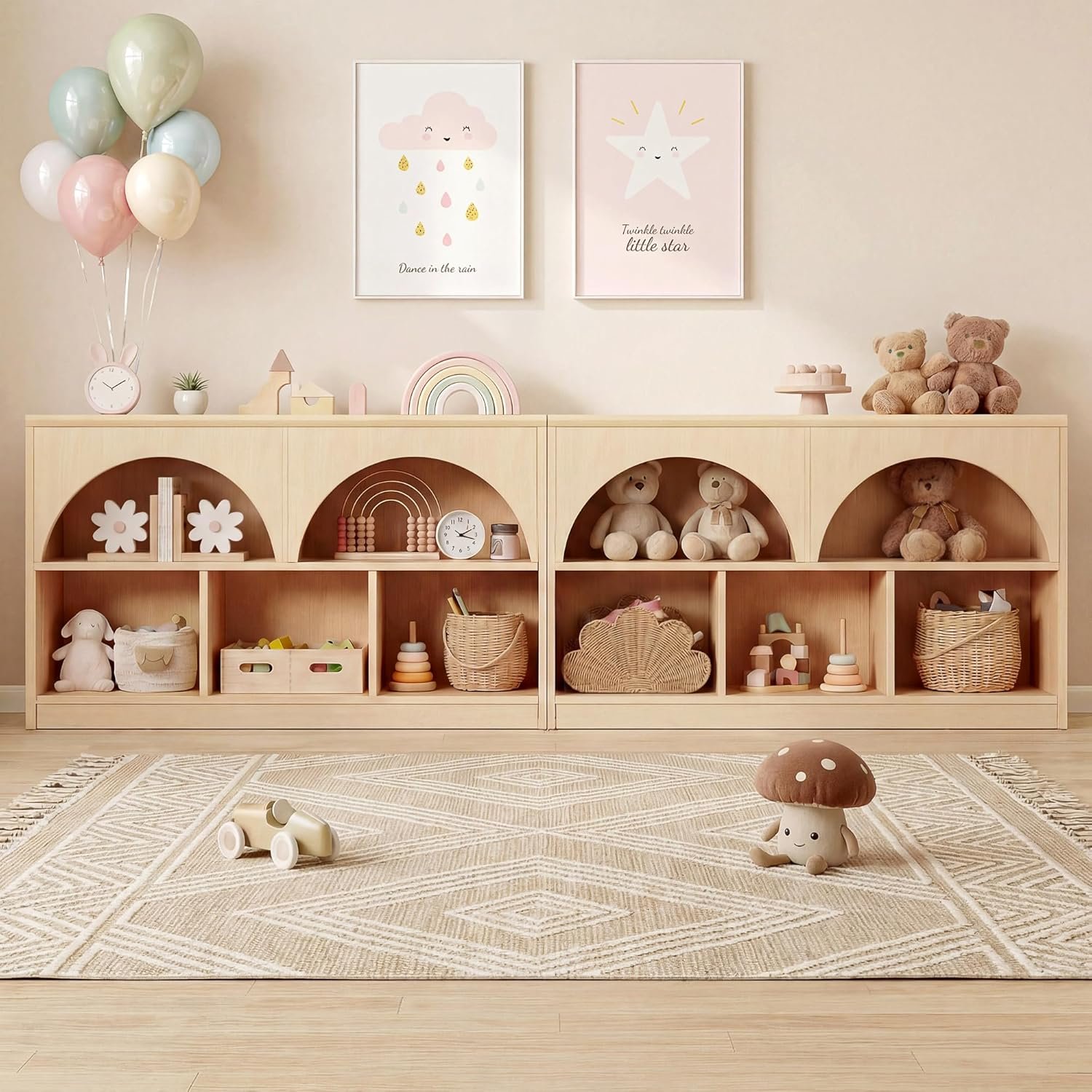 Fatmok 2-Shelf Bookcase Set of 2, Arched Design Wooden Toy Storage Organizer and Storage for Books Toys, 5-Section Montessori Bookshelf for Kids Rooms, Playroom, Nursery, Kindergarten (Natural)