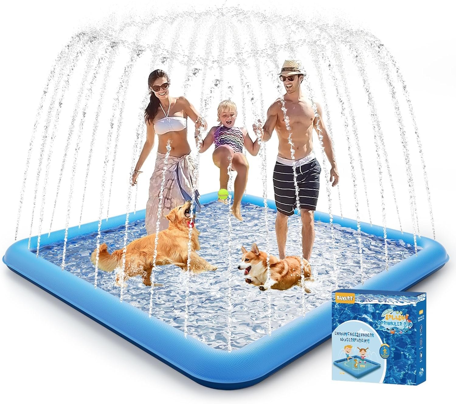 Raxurt Splash Pad, 107″- 80″ Non-Slip Splash Pad for Kids and Dogs, Thickened Durable Square Dog Pool with Sprinkler Summer Outdoor Water Toys for Toddler Girls Boys Children Pet (Blue)