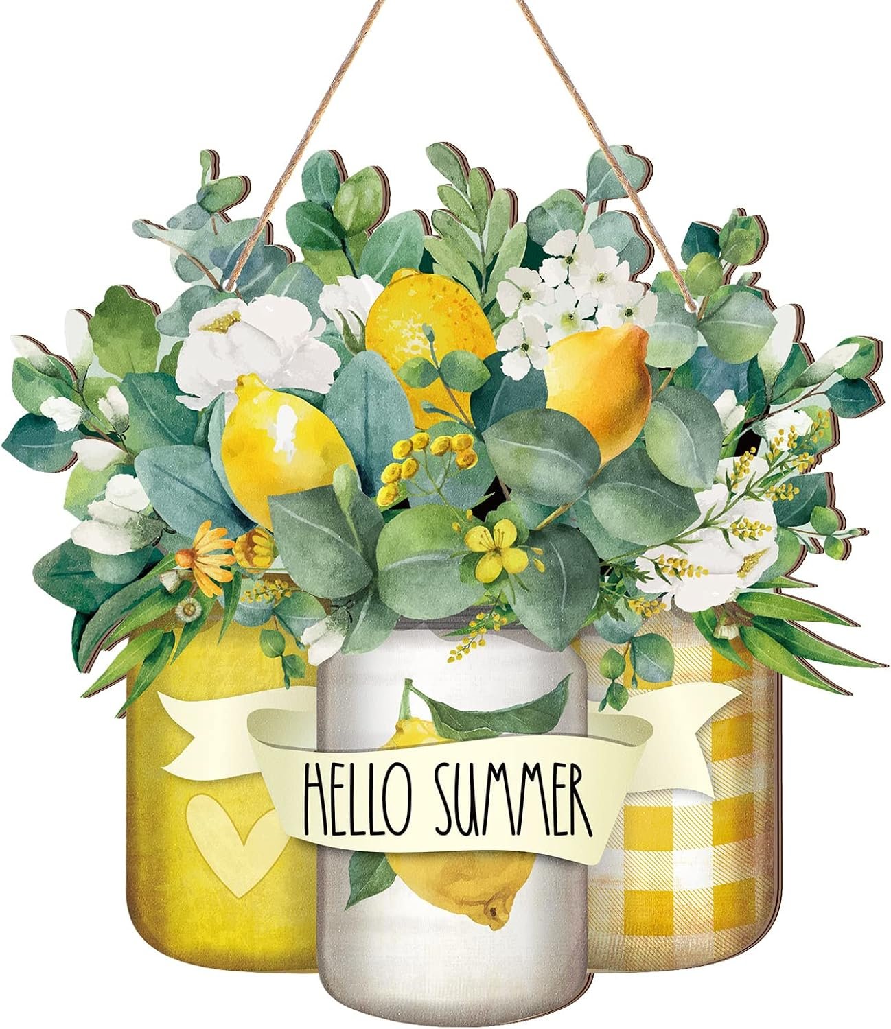 Karenhi Hello Summer Welcome Wooden Sign for Front Door Hello Wooden Hanger Summer Door Sign Wood Spring Hanging Decorations Farmhouse Porch Decor for Outdoor Housewarming Gift