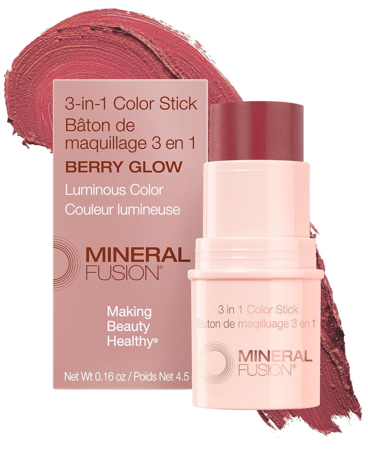 Mineral Fusion 3-in-1 Color Stick – Hydrating Tinted Cream Blush for Cheeks, Lip and Eye – Natural Multi Use Makeup (Berry Glow)