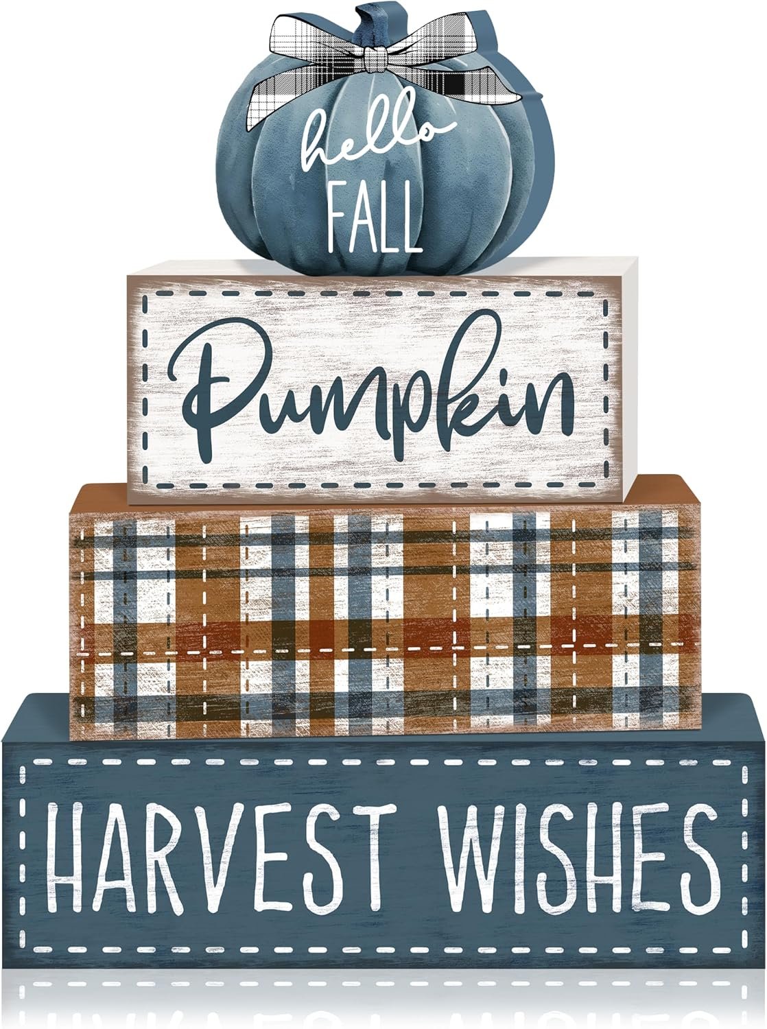Britimes 4 Pcs Blue Pumpkins Fall Decor Wooden Tiered Tray Sign, Farmhouse Rustic Autumn Pumpkin Decorations Stack Block Set Harvest Wishes Table Centerpieces for Home Kitchen Shelf
