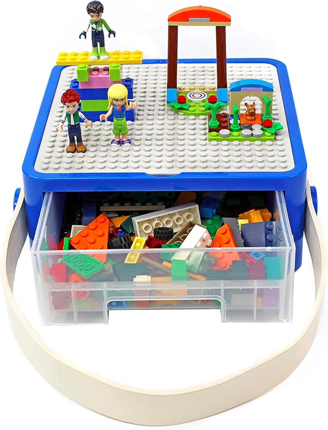 Bins & Things Storage Bin Organizer Box – Toy Storage Case for Building Blocks, Small Dolls and Accessories – Kids Toy Suitcase with Baseplate Lid – Mess-Free Organizer for Travel and Playroom