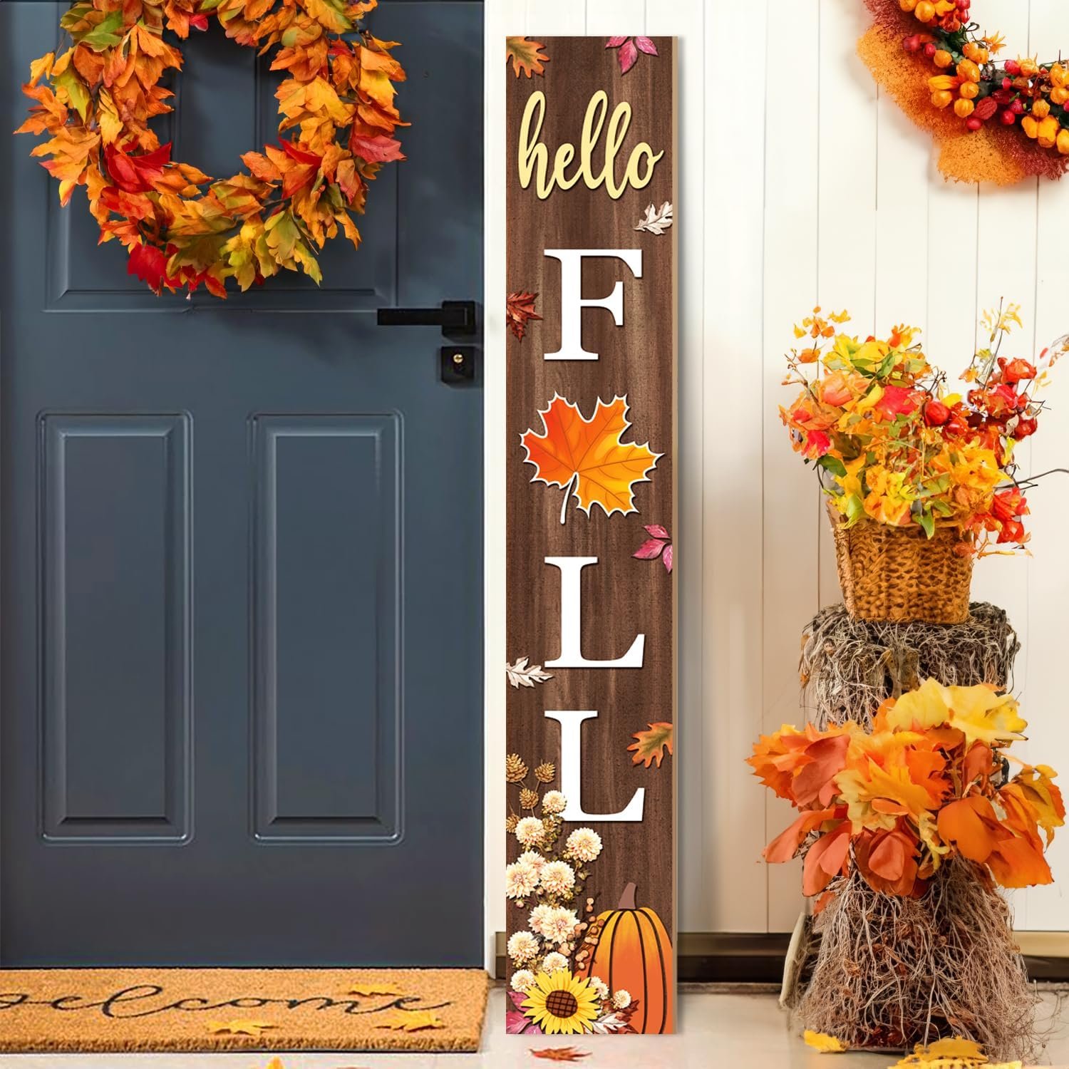 Hello Fall Porch Sign, Maple Sign for Front Porch, Dahlia Sunflower Wooden Sign Yard, Vertical Wood Sign Standing for Patio Front Door Porch, Hello Fall for Holiday Home Party Wall Yard Home Decor Indoor Outdoor, 47×8 inch