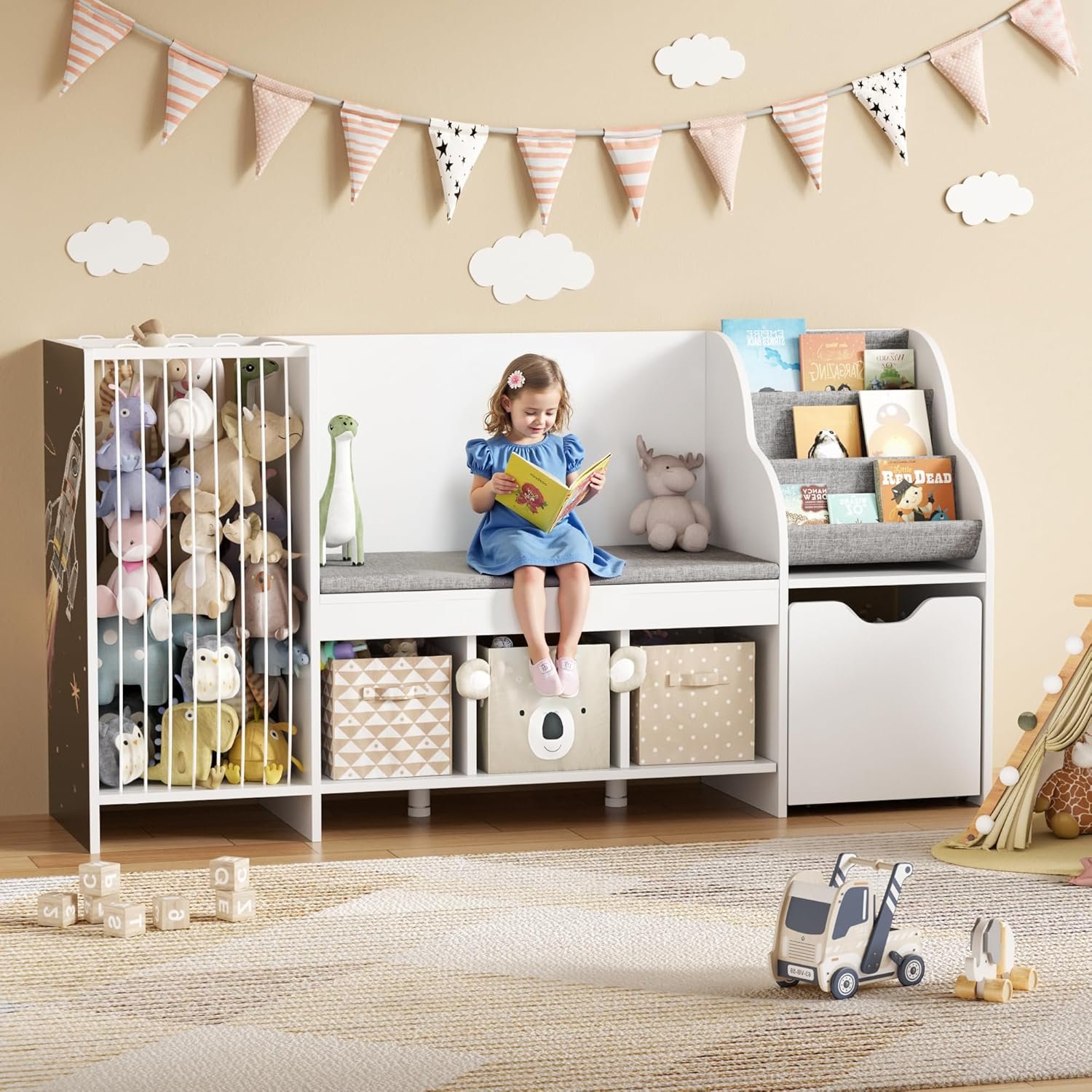 DTK Kids Reading Nook with Bench,Toy Storage Organizer with Stuffed Animals Holder,Kids Bookshelf with Seat Cushion,3 Storage Cubbies and Toy Box on Wheels for Playroom,Bedroom,Nursery,White