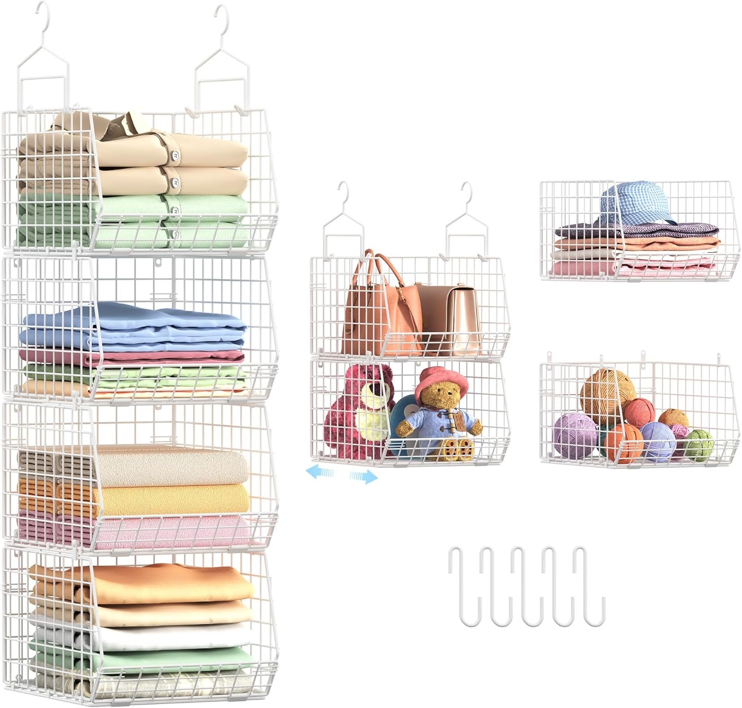 4″ Extra Deeper Foldable Hanging Closet Organizer, Small Wire Cabinet Shelves and Storage with 5 S Hooks,4 Tier Metal Basket Bins for Clothes Sweaters Handbags, Wardrobe for Kitchen Laundry Room，White