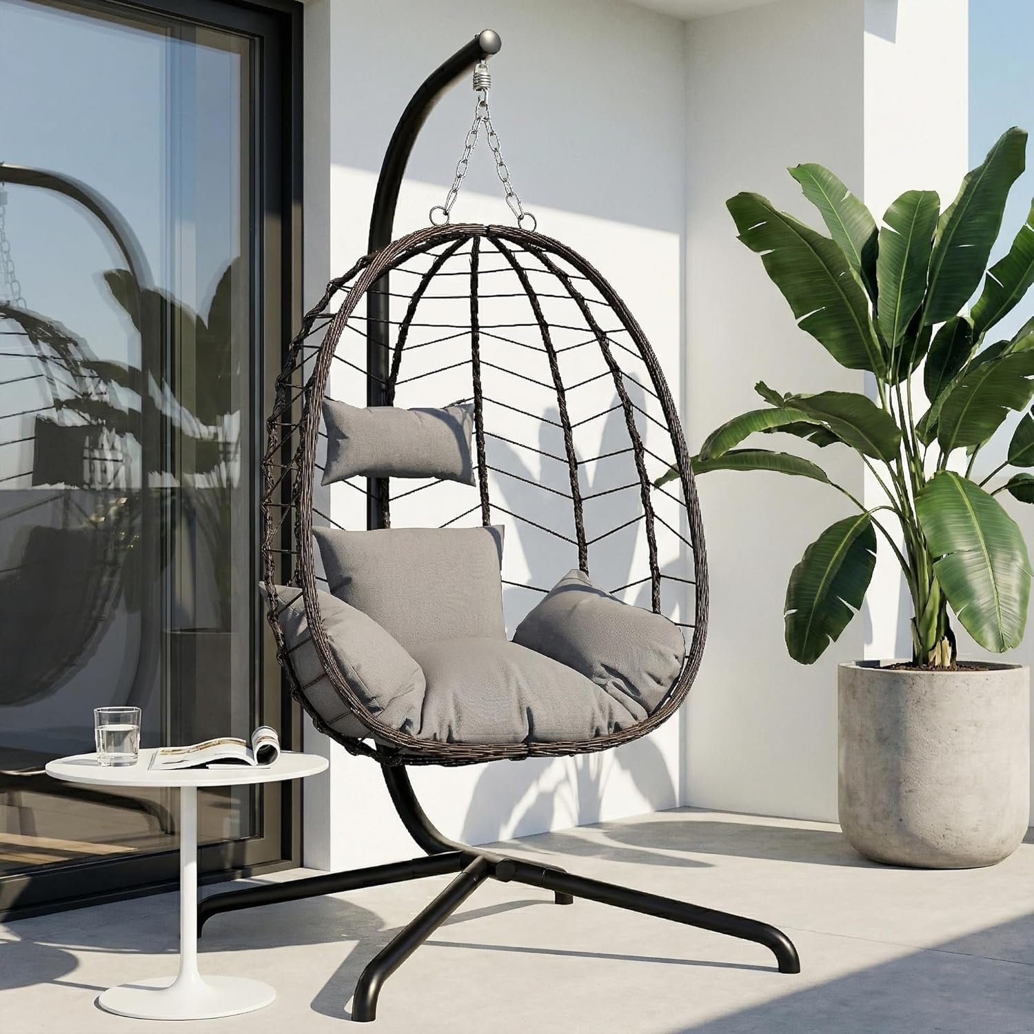 LEX CRAFT Hanging Egg Chair with Stand, Swinging Egg Chair Outdoor Indoor, Hanging Basket Chair with Cushion, Patio Wicker Hammock Chair 350lbs Capacity (Brown-Gery)