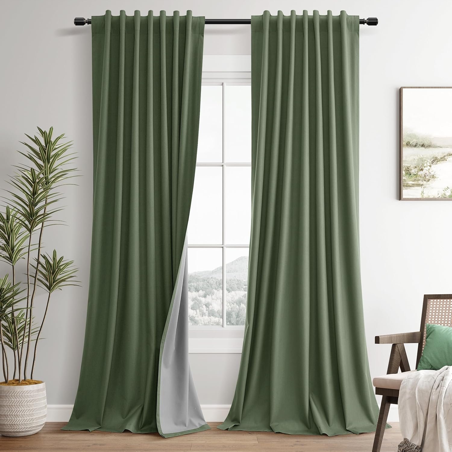 100% Blackout Olive Green Linen Curtains 84 Inch Length for Bedroom Black Out Light Blocking Curtain Thermal Insulated Room Darkening Window Drapes for Living Room Nursery 2 Panels Set 52×84 7ft