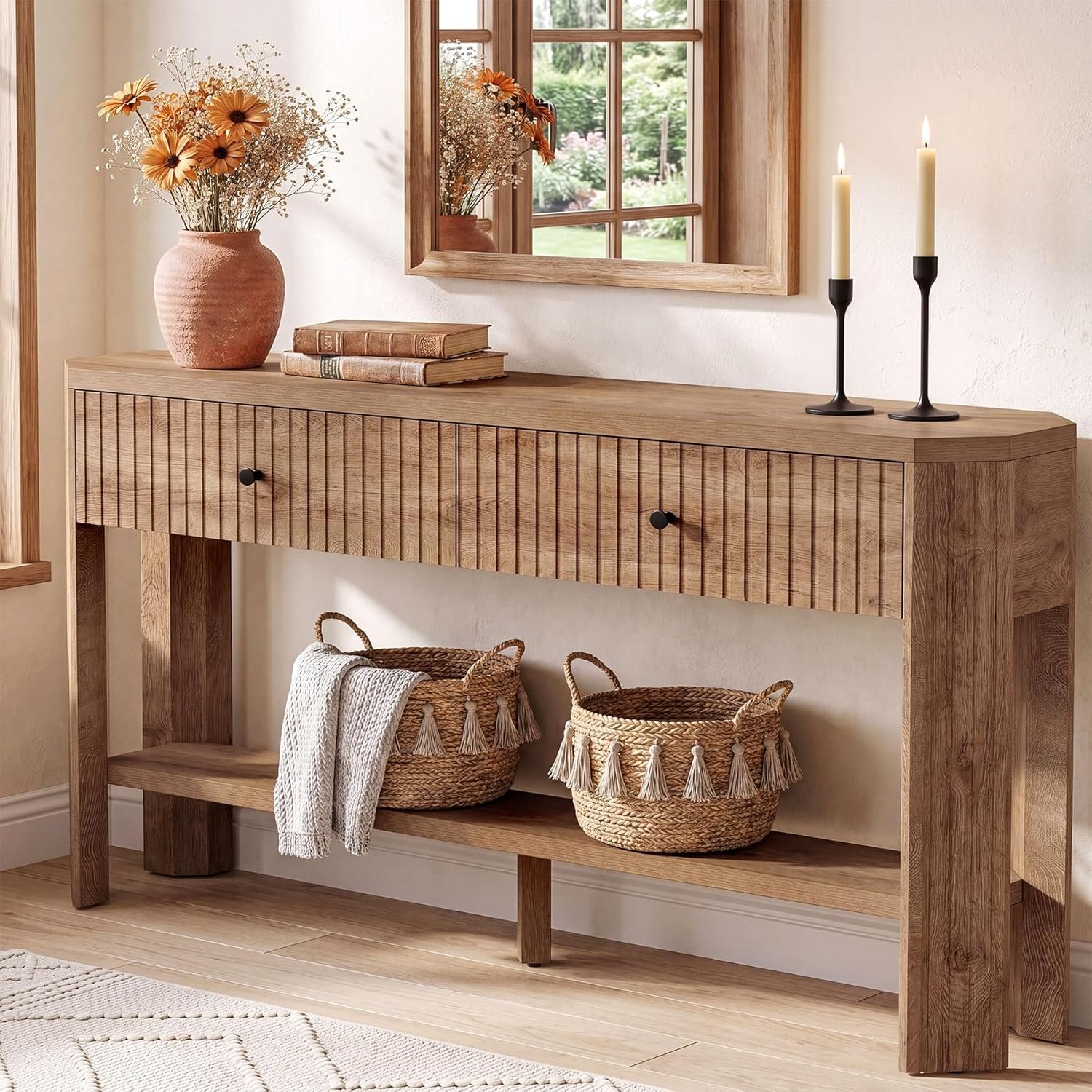Tribesigns Console Table with 2 Storage Drawers, 59-Inch Narrow Entryway Table with Storage Shelf, Farmhouse Fluted Sofa Tables Behind Couch for Living Room, Hallway, Entrance, Rustic Brown