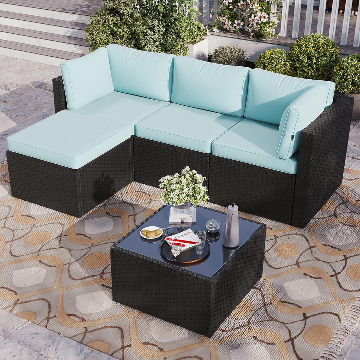 Aoxun Outdoor Patio Furniture Set, 5-Pieces All-Weather Rattan Sectional Sofa Conversation Set with Glass Coffee Table for Backyard Porch Poolside, Light Blue