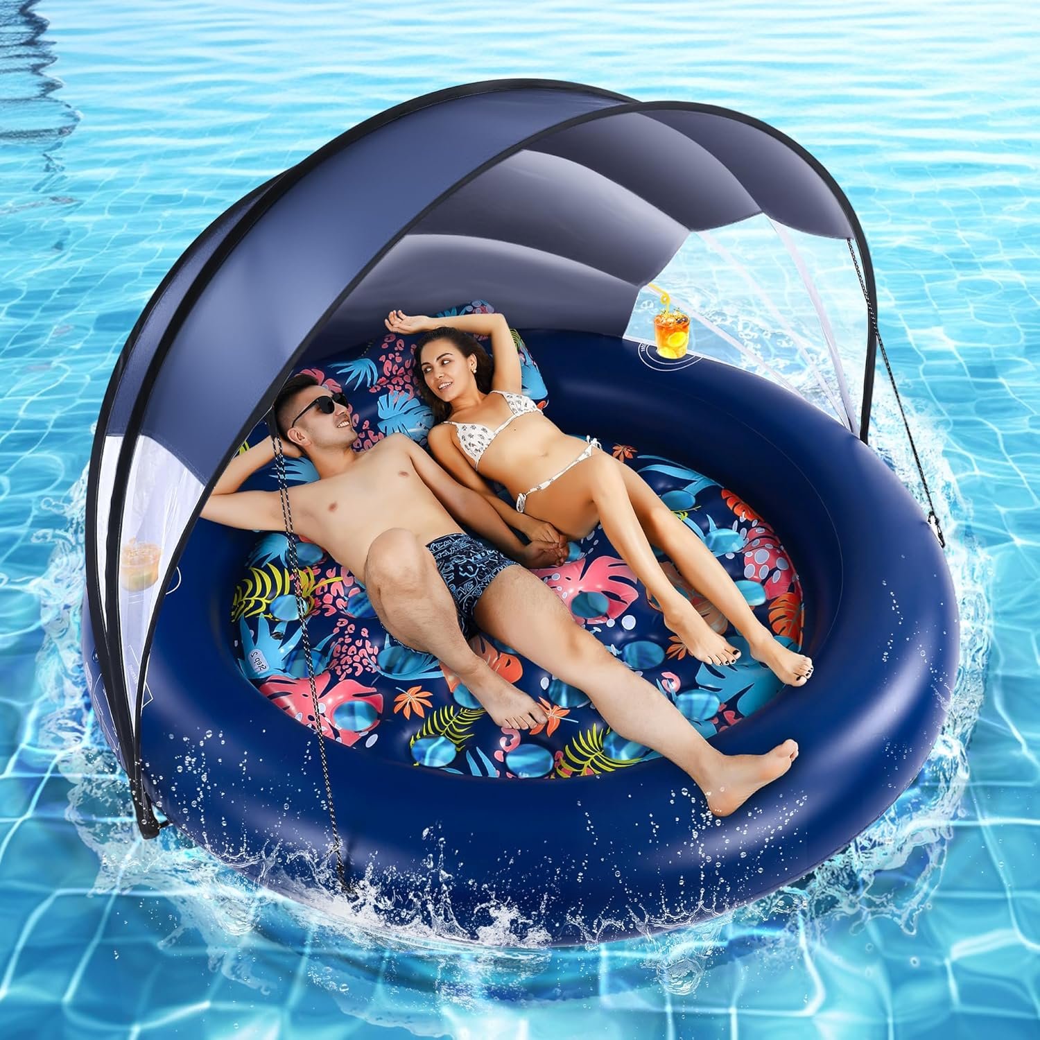 2-Person Pool Floats Adult Heavy Duty, Giant 75″X75″ Inflatable Tanning Pool Mats with Cup Holders, Detachable Headrest, Multi-Purpose Water Lounger for Pool Party, Lake, Beach, River, Outdoor