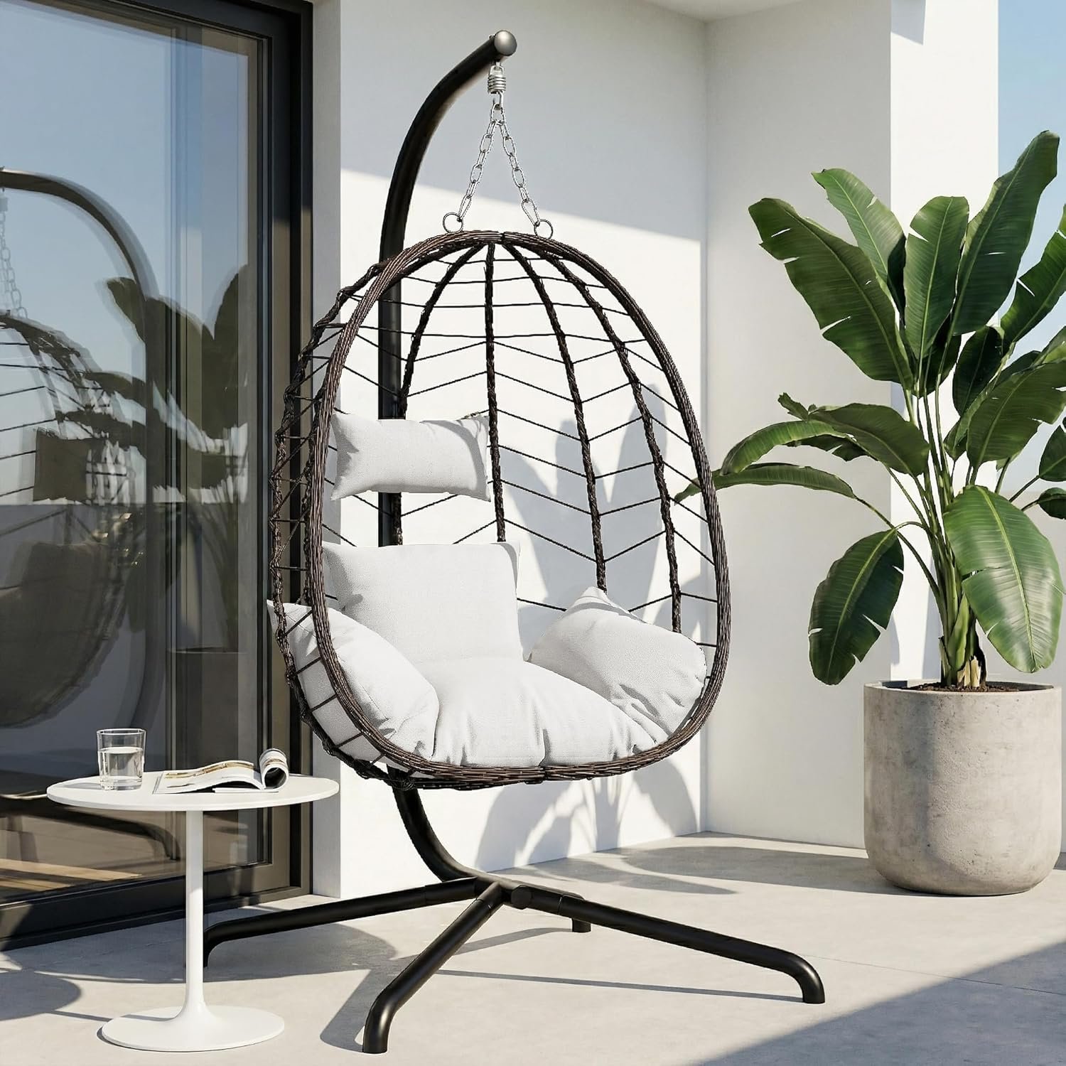 LEX CRAFT Hanging Egg Chair with Stand, Swinging Egg Chair Outdoor Indoor, Hanging Basket Chair with Cushion, Patio Wicker Hammock Chair 350lbs Capacity (Brown-Beige)