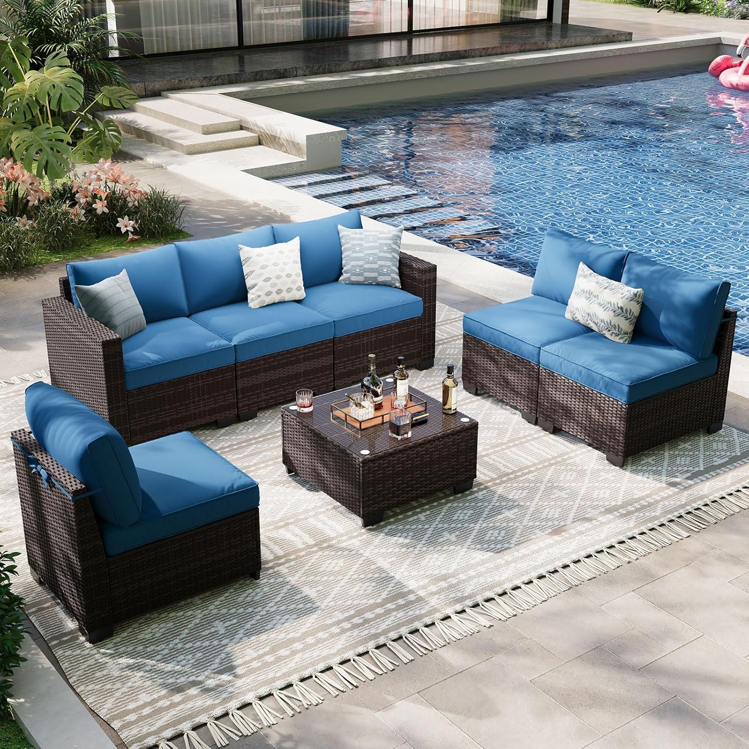 7 Pieces Outdoor Patio Furniture Set, Outdoor Sectional Furniture Set, All-Weather PE Rattan Wicker Sofa with Cushions for Balcony, Deck, Garden