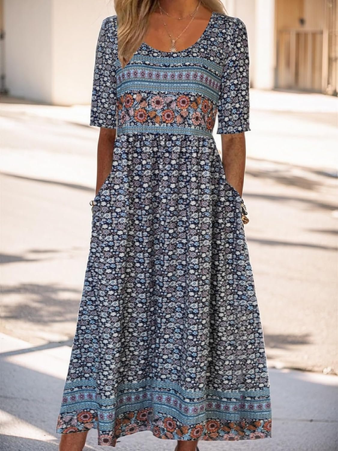 Women’s Floral Print Maxi Dress Short Sleeves with Pockets for Summer Casual Wear