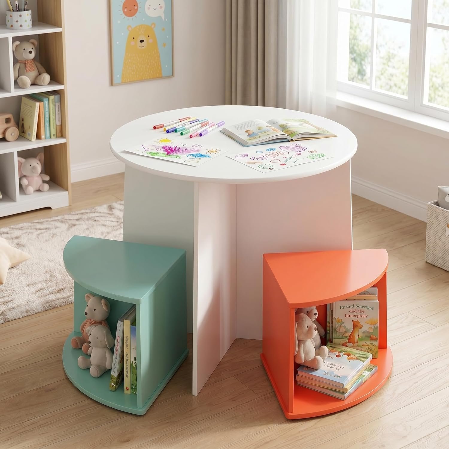 Kids Round Table and Chair Set with 4 Storage Stools – Space-Saving Toddler Activity Table for Playroom, Art, Craft, Reading & Dining – Furniture for Boys & Girls