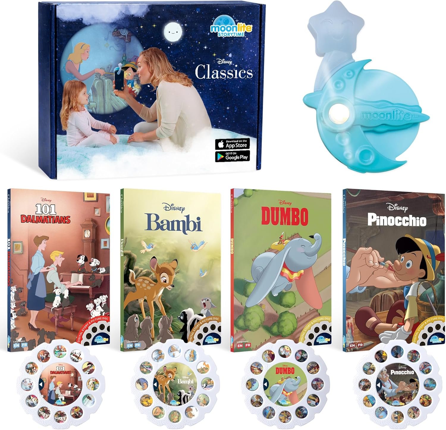 Moonlite Storytime Starter Pack with Smartphone Projector, Picture Disc and Four Stories, Ideal for Bedtime, Storytime and Family Travel – Disney Classics