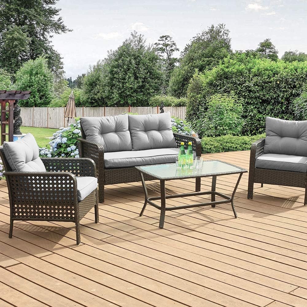 Lepdep Patio Furniture Set Outdoor Furniture – 4 Pieces Wicker Patio Conversation Sets with Loveseat, Rattan Seating Outside Patio Set Coffee Table Chair for Lawn, Deck, Balcony, Backyard. (Grey)