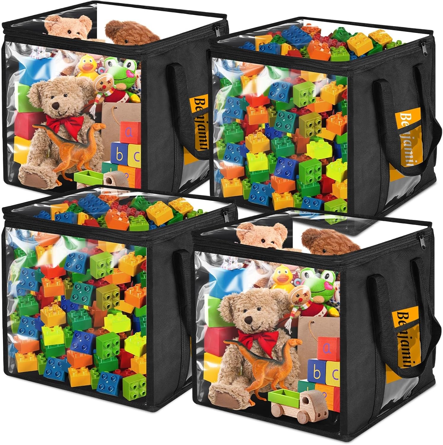 4 Pack Clear PVC Storage Bins with Handles – 12″ x 12″ Cube Storage Bins Foldable Transparent Storage Box, PVC Organizer Boxes for Clothes, Toys and Stuffed Animal Storage (Black)