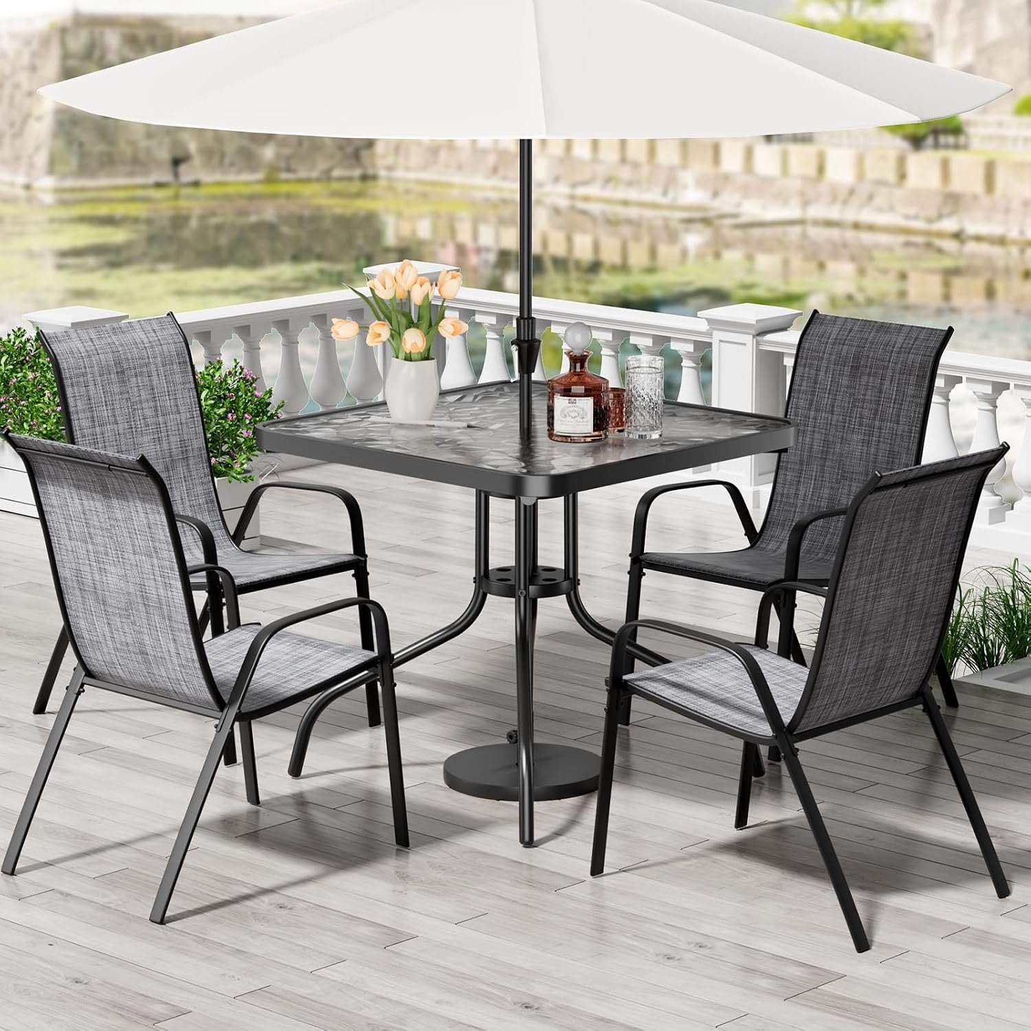 TLSUNNY Patio Dining Set 5 Pieces, All Weather Outdoor Furniture W/30″X 30″ Table and 4 Stackable Textilene Chairs, Metal Table and Chairs for Lawn, Garden, Poolside, Backyard (Umbrella not Included)