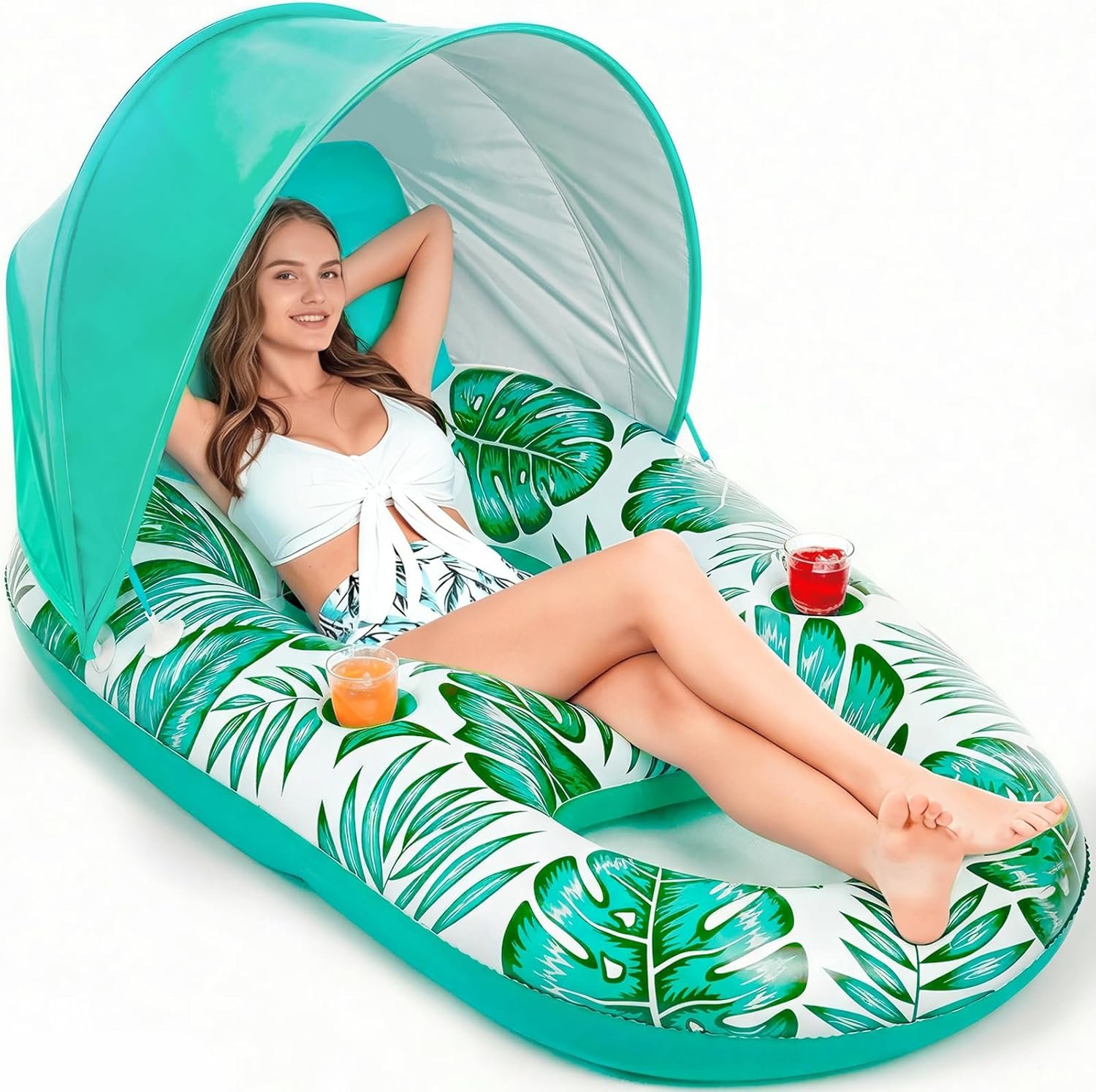 Jasonwell Pool Float with Canopy – Inflatable Pool Floaties Adult Lounger Floats Raft Floating Chair with Cup Holders for Swimming Pool Lake Water Lounge Float Beach Pool Party Toys for Adults