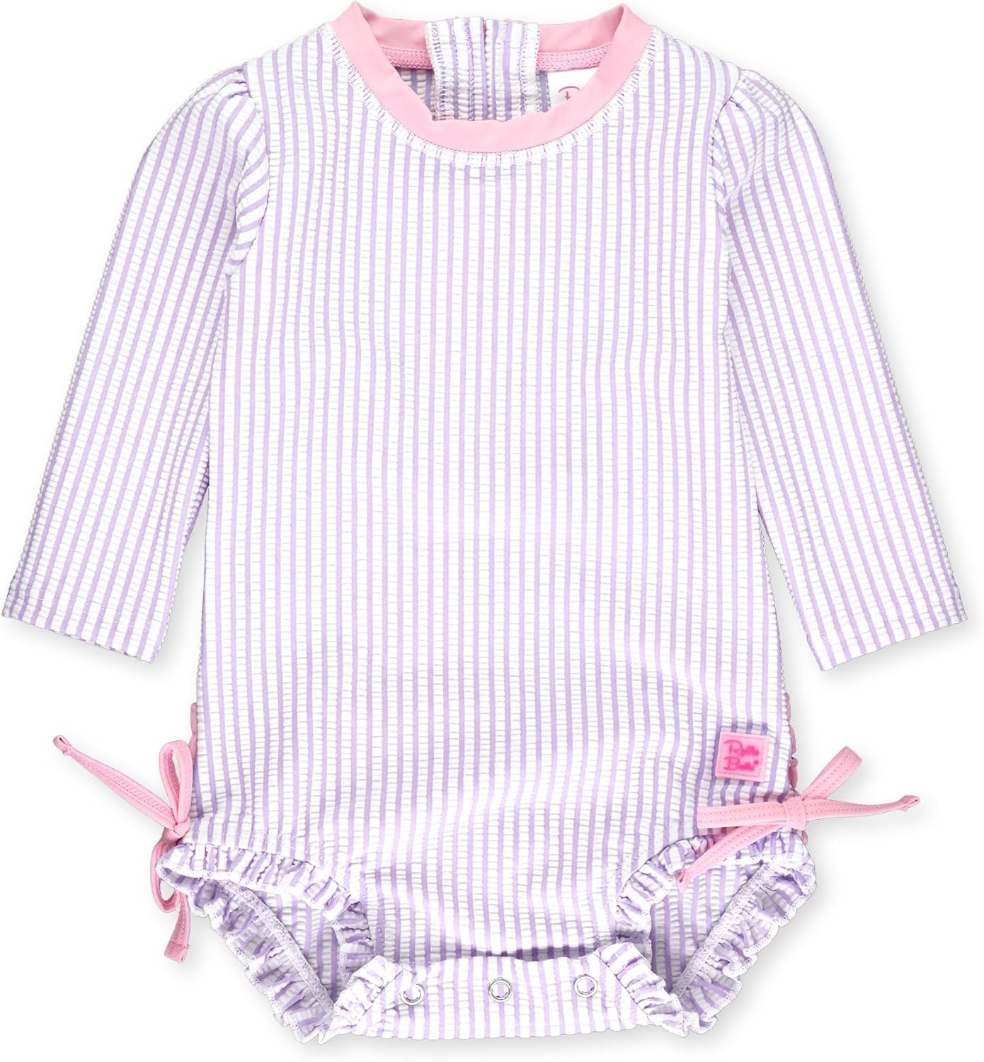 RuffleButts Baby-Girls Seersucker Long Sleeve Rash Guard – One Piece Swimsuit UPF 50+ Toddler