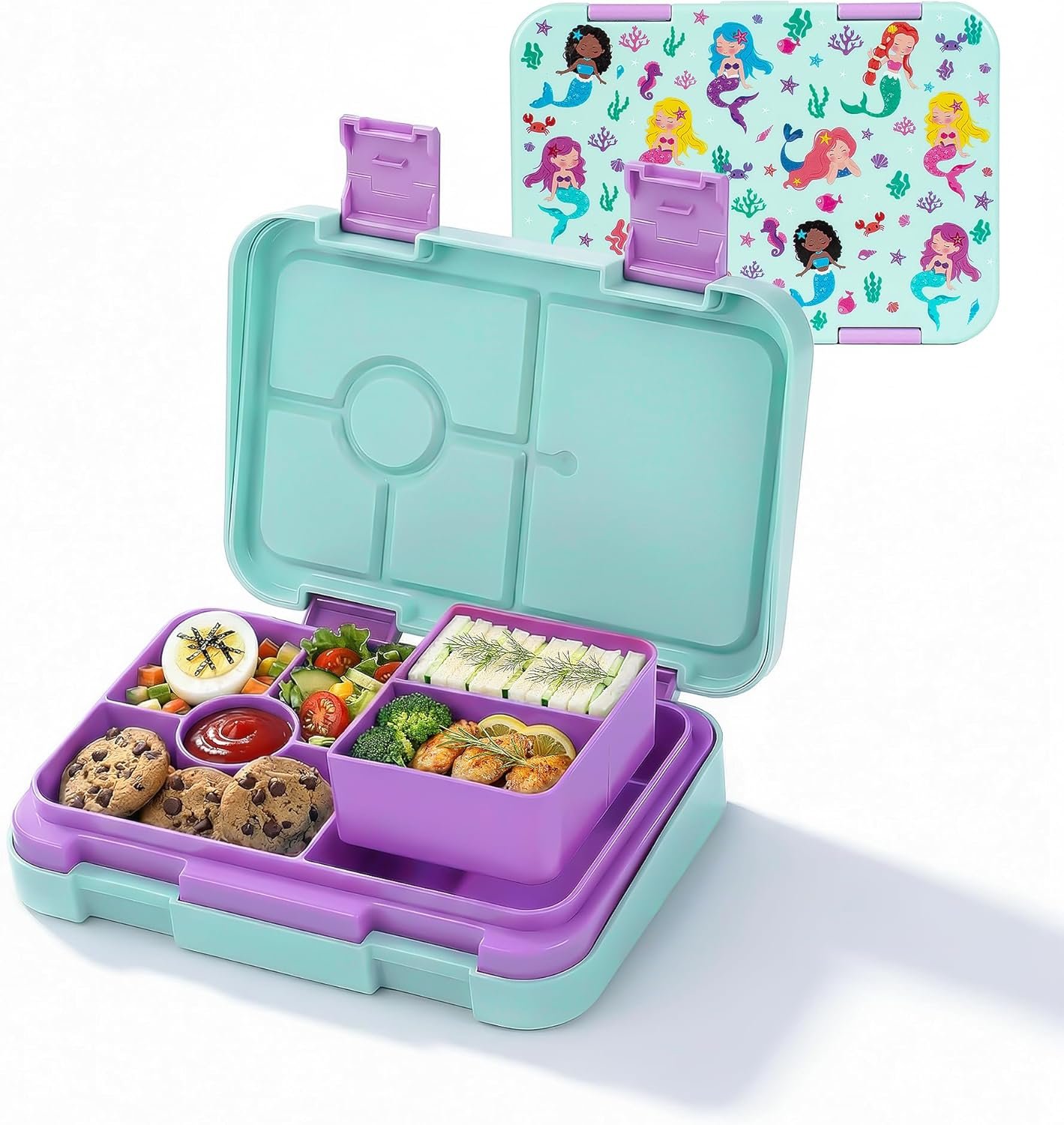 Bento Lunch Box Snack Bento Lunch Containers Boxes, Green Patterned | 5/6 Compartments, 3 Cups BPA Free, Dishwasher Safe, for Kids, Back to School, On-the-Go Meal, Ages 3+, School