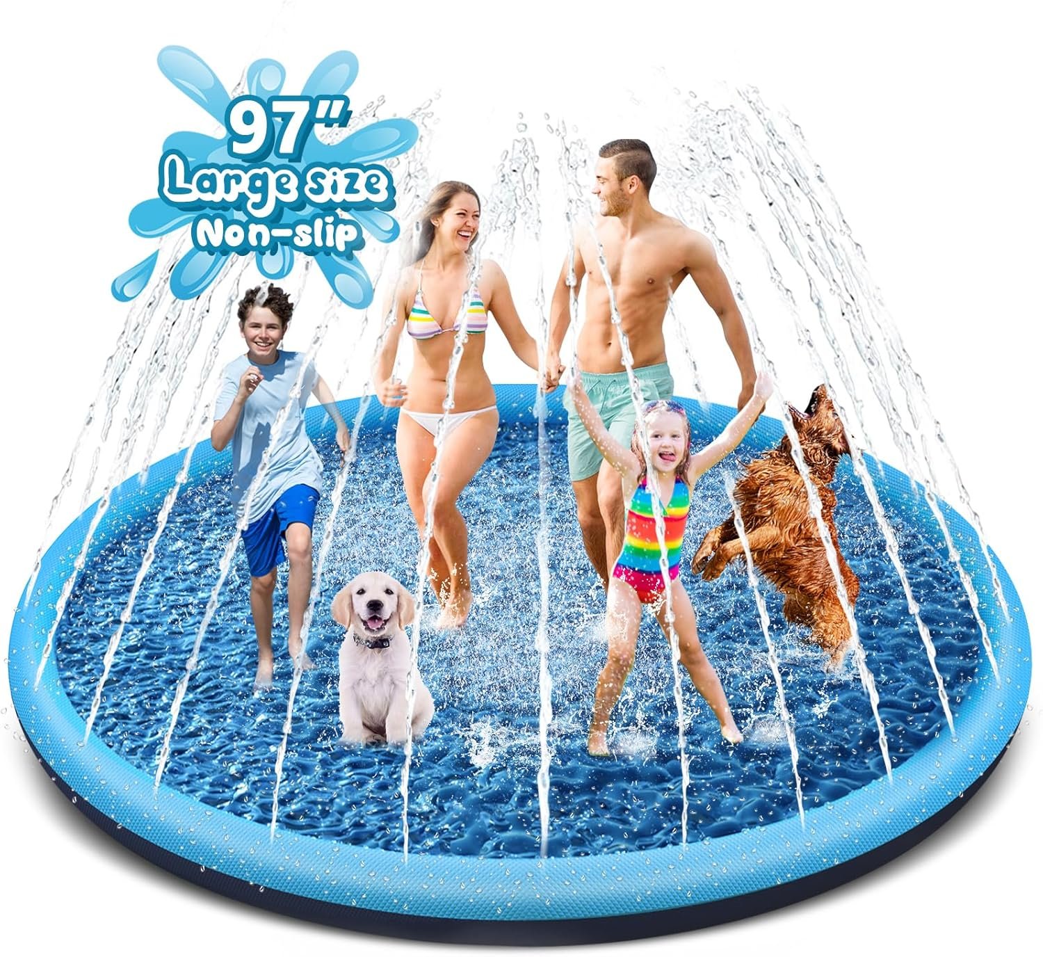 YAUNGEL Kids Splash Pad Sprinkler, 97” Large Non-Slip Toddler Water Play Mat, Backyard Summer Outdoor Fun, Splash Pad for Dogs