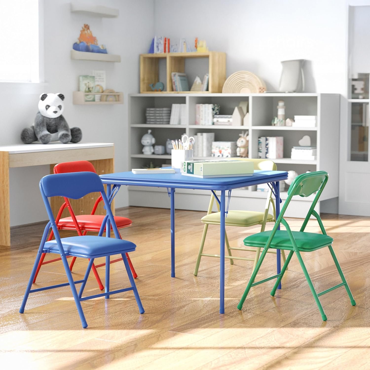 Flash Furniture Mindy Kids 5-Piece set Folding Square Table and Chairs Set for Daycare and Classrooms, Children’s Activity Table and Chairs Set, Multicolor