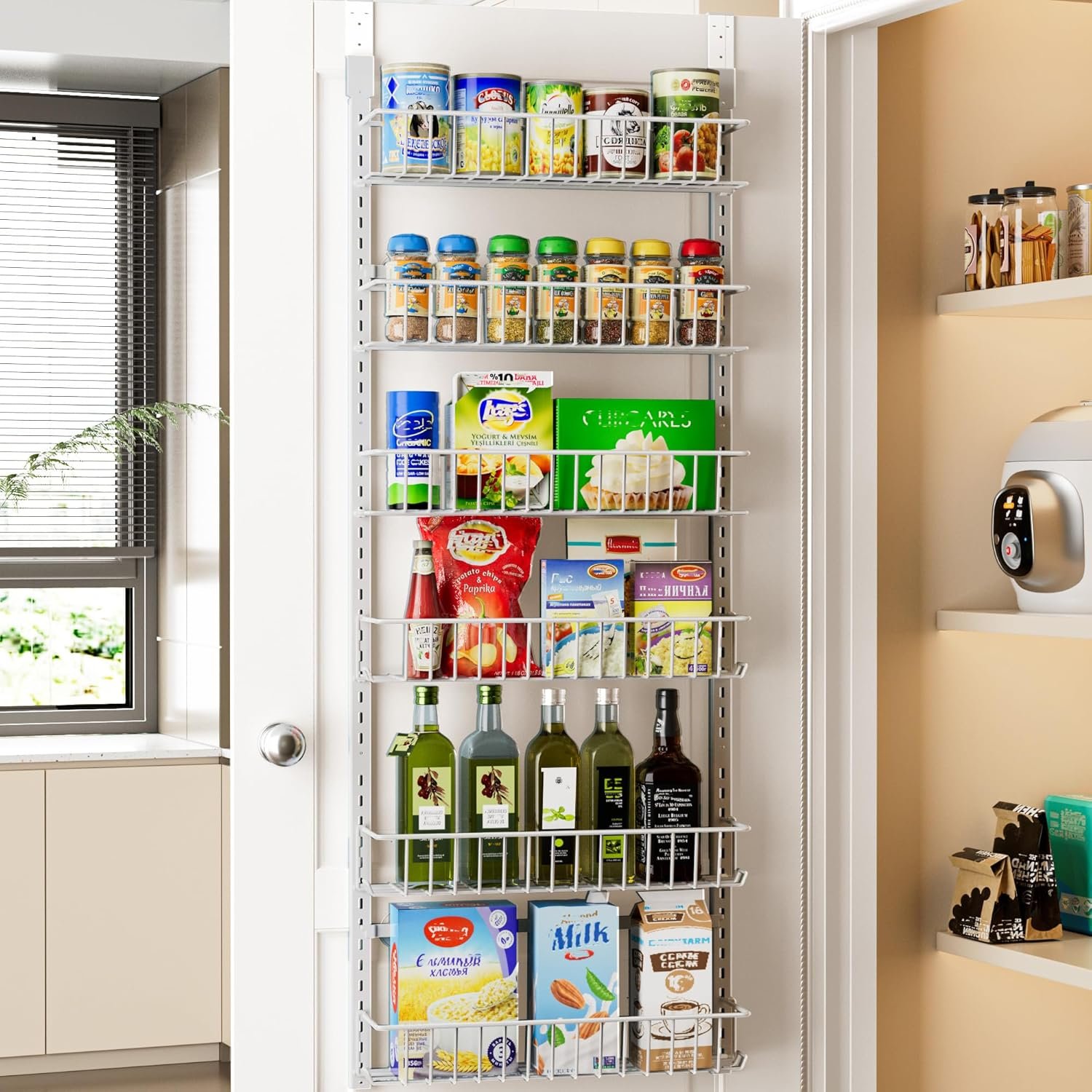 Delamu Adjustable Cabinet Door Organizer, 6-Tier Hanging Spice Rack Organizer, Metal Over the Door Pantry Organizer, Pantry Organizers and Storage Shelves for Kitchen Bathroom Laundry Room, White M