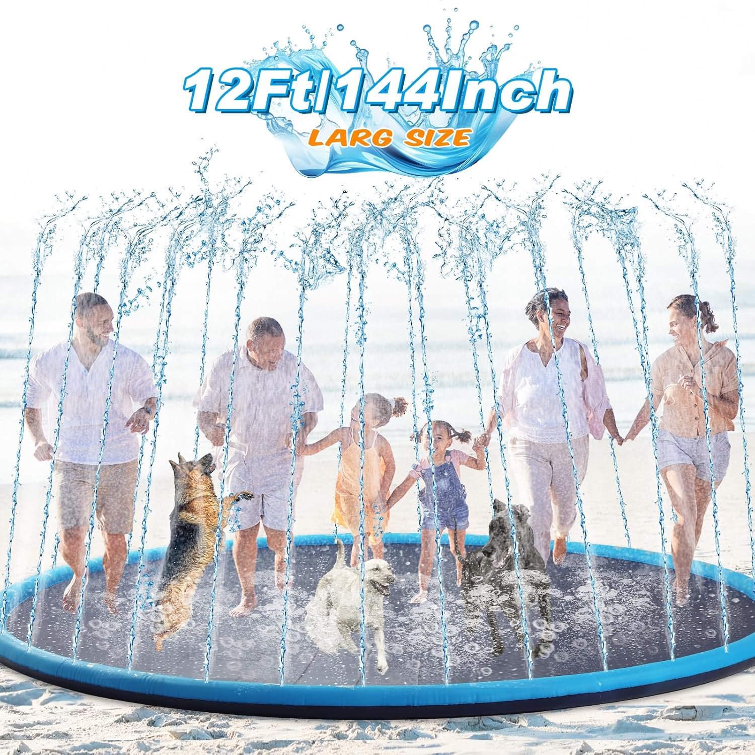 Lewtemi 12 ft Extra Large Non Slip Splash Pad 144″ for Adult and Dog Giant Thicken Sprinkler Pool Summer Outdoor Fun Backyard Fountain Mat for Pet Dog(Classic Style)