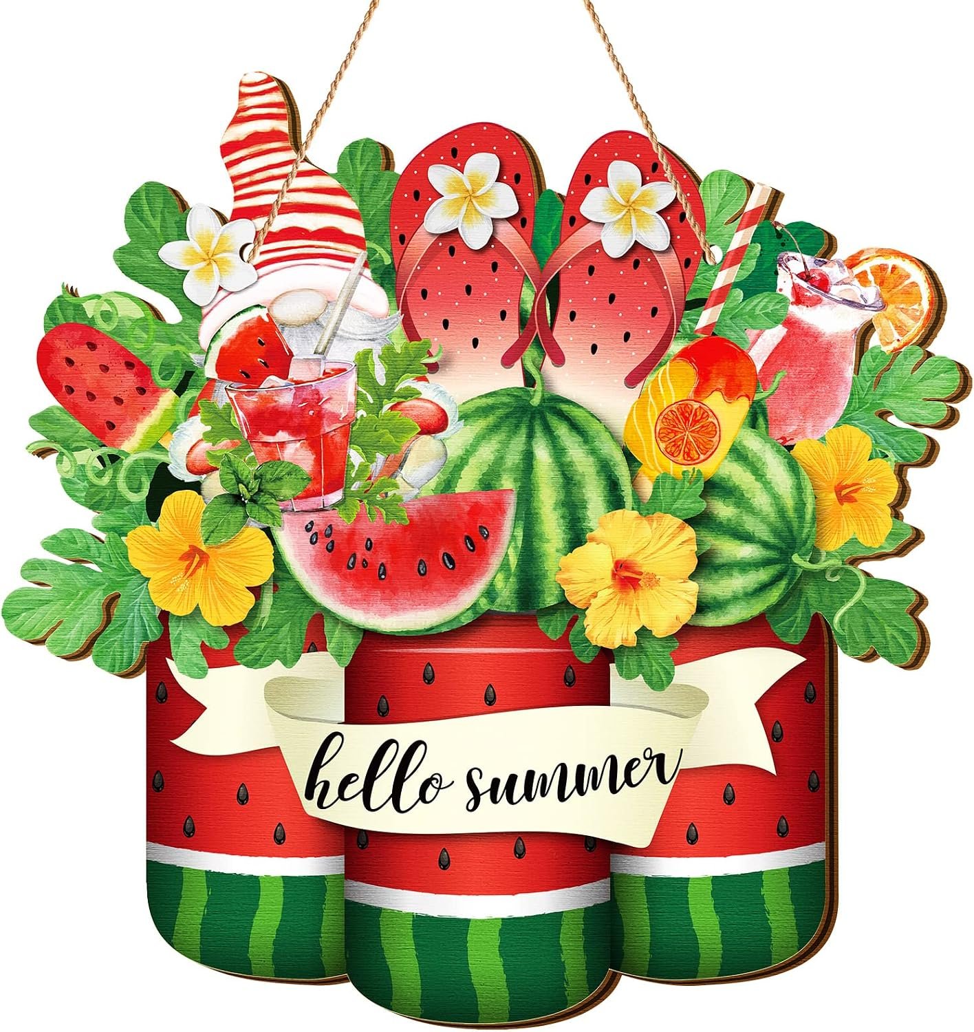 Geetery Watermelon Wreath Hello Summer Door Sign Wooden Gnome Welcome Hanging Sign with Ropes Rustic Summer Front Door Hanger Ornament for Farmhouse Home Indoor Outdoor Porch Wall Decor