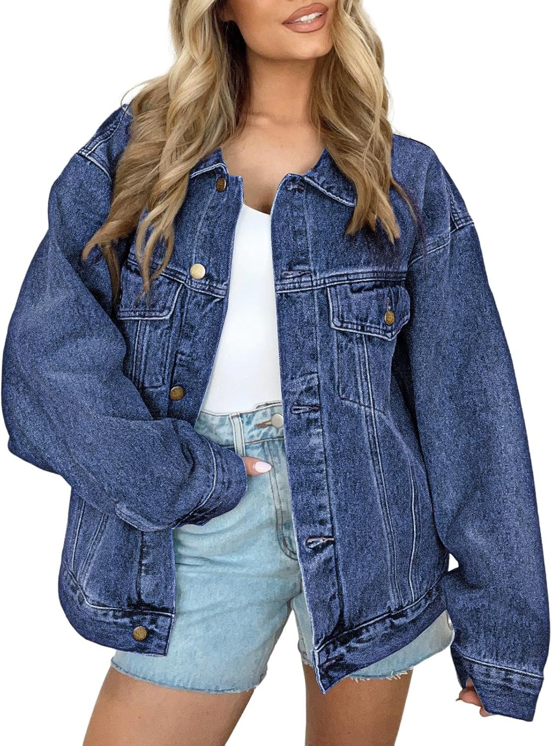 AUTOMET Women’s Oversized Jeans Jacket, Classic Button Down Denim Jacket with Chest Pockets, Loose Fit Boyfriend Style Coat