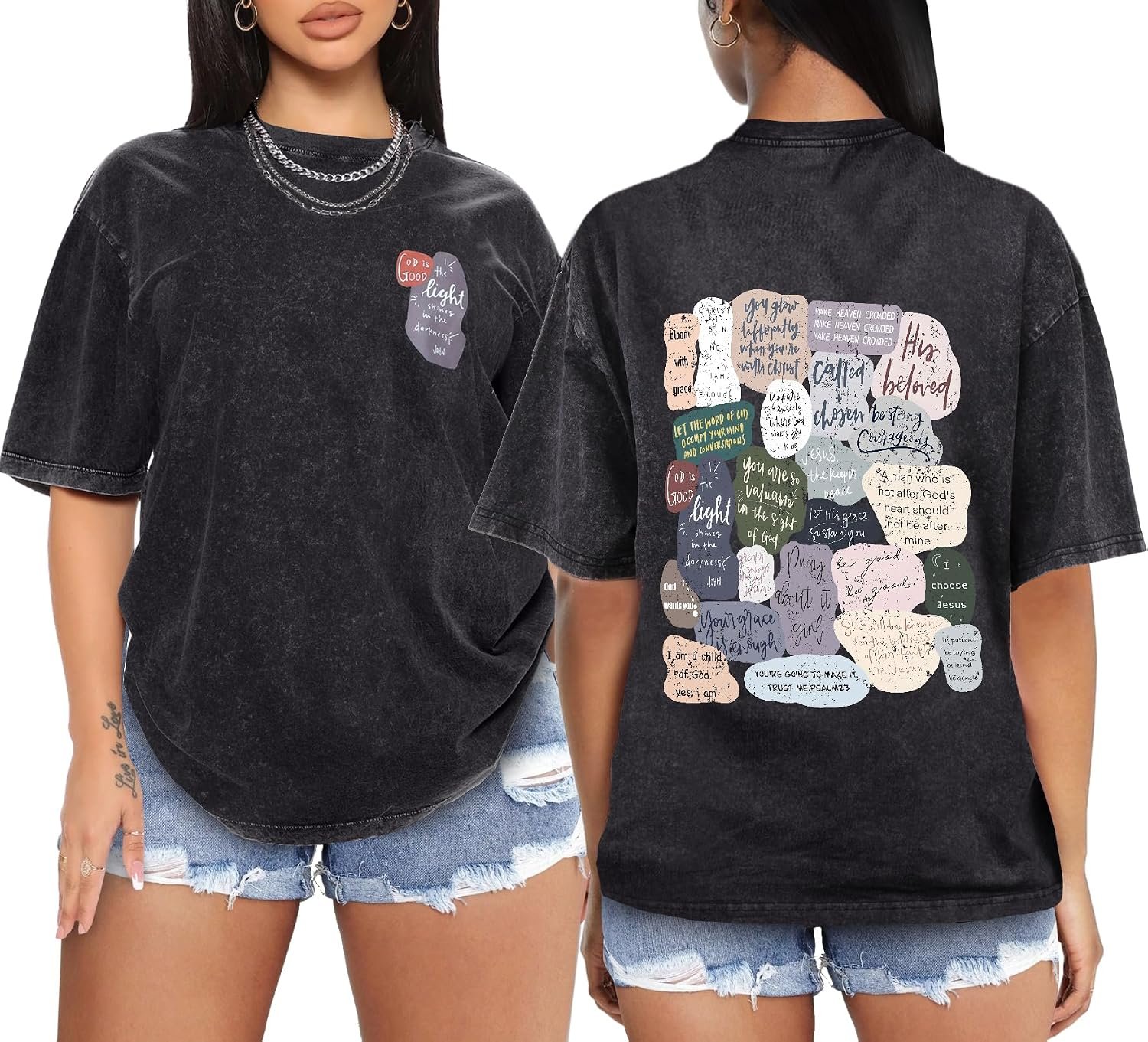Flafens Oversized Acid Wash Vintage T Shirts for Women – Graphic Tees Womens Retro Cotton Cute Cool Loose Tshirts Teens Girls