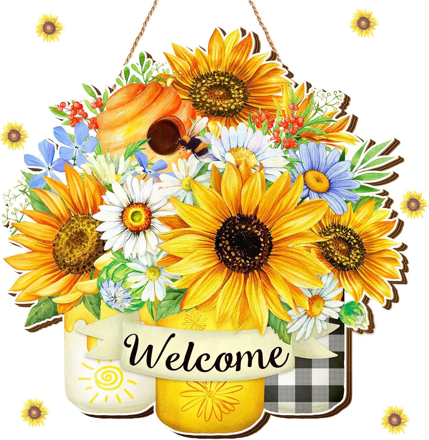 Shellwei Sunflower Welcome Sign for Front Door Summer Decorations Sunflower Wood Door Hanger Rustic Farmhouse Wreath Wall Art Decor Decorative Wall Plaque for Home Porch Hanging Ornaments