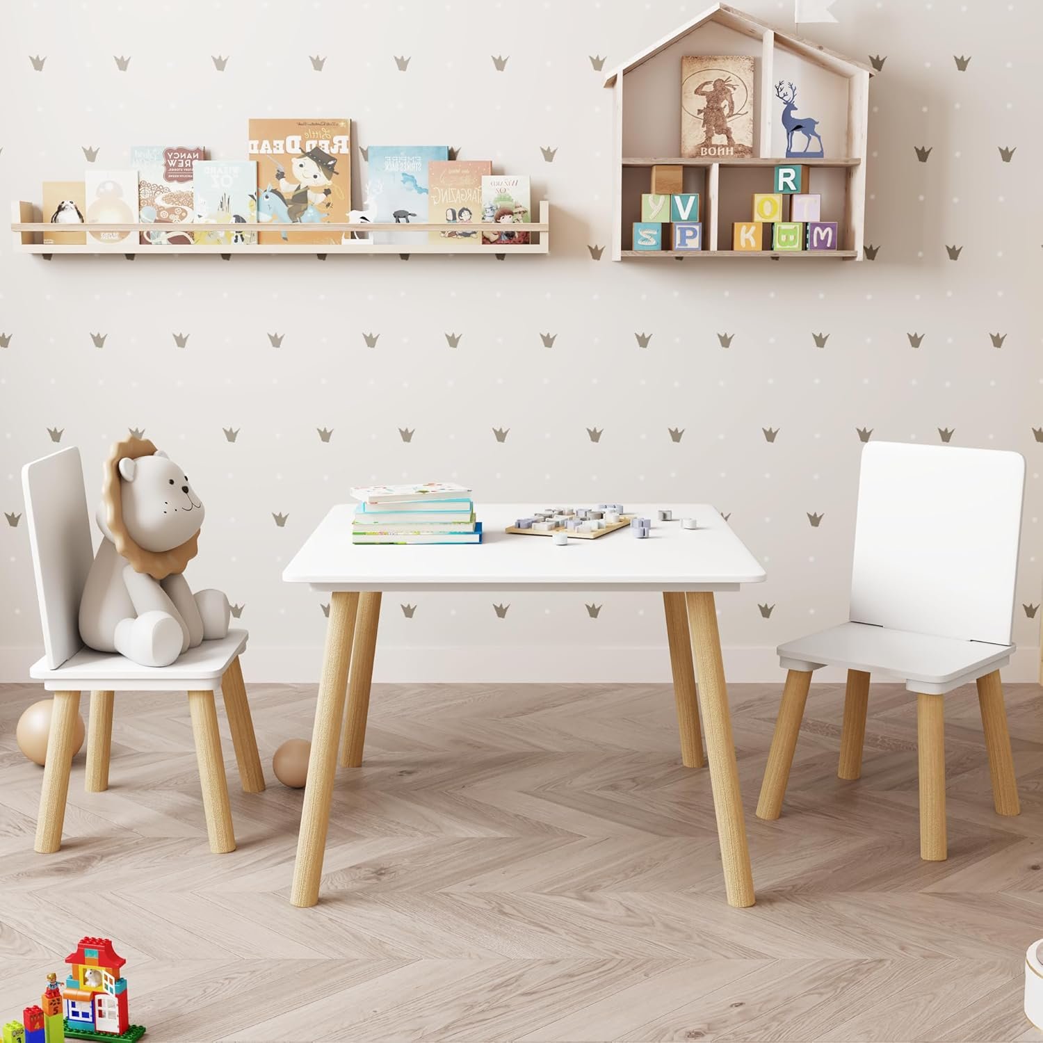 Kids Table and 2 Chairs Set, 3 Pieces Toddler Table and Chair Set, Kids’ Table & Chair Sets, Kid Play Table for Daycare, Classroom, Home (White)