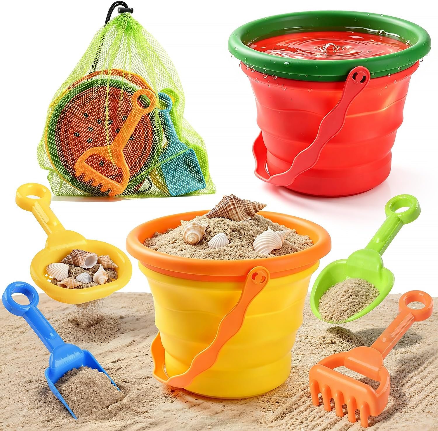 Collapsible Beach Toys for Kids,2 Packs Foldable Silicone Sand Buckets Set with 4 Packs Sand shovels and Mesh Bag,Travel Beach Essentials for Sandbox,Pool,Camping,Fishing,Summer Party Favors