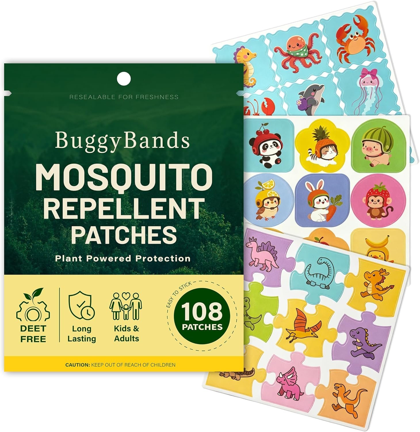 BuggyBands Mosquito Repellent Stickers for Kids – 108 Pack Waterproof PU Mosquito Patches (Dinosaur, Ocean & Fruit Themes) – Plant-Based Essential Oils, DEET-Free – Safe for Toddlers & Children