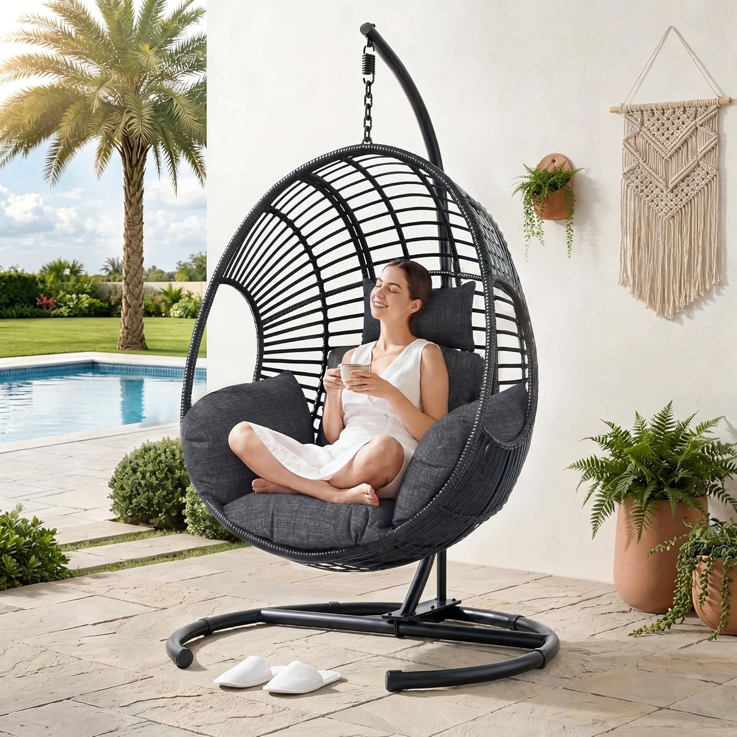 Oversized Hanging Egg Chair with Stand Outdoor Wicker Swing Chair Comfy Hammock Egg Shaped Chair 400lbs Capacity for Patio, Garden and Balcony