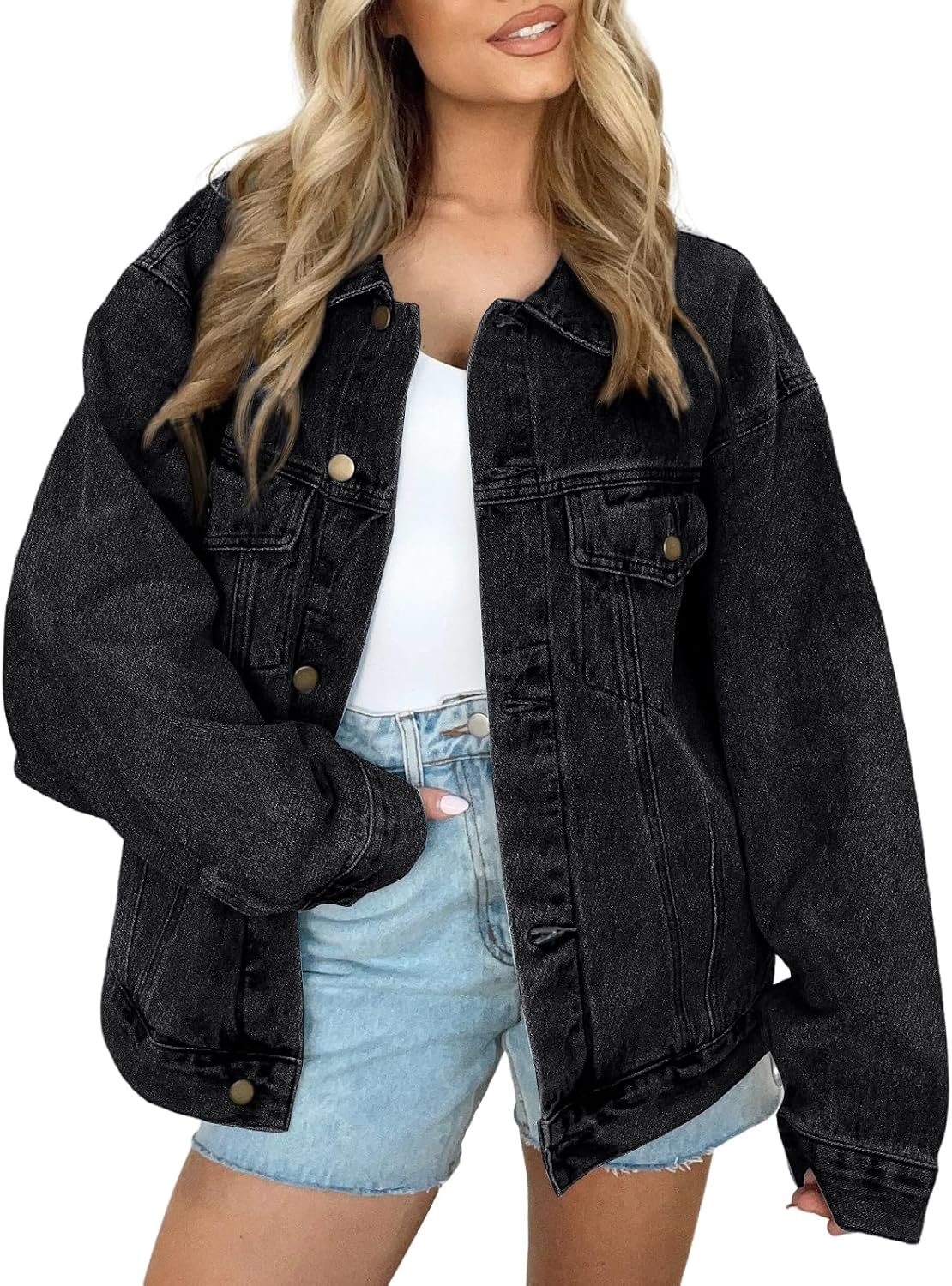 AUTOMET Women’s Oversized Jeans Jacket, Classic Button Down Denim Jacket with Chest Pockets, Loose Fit Boyfriend Style Coat