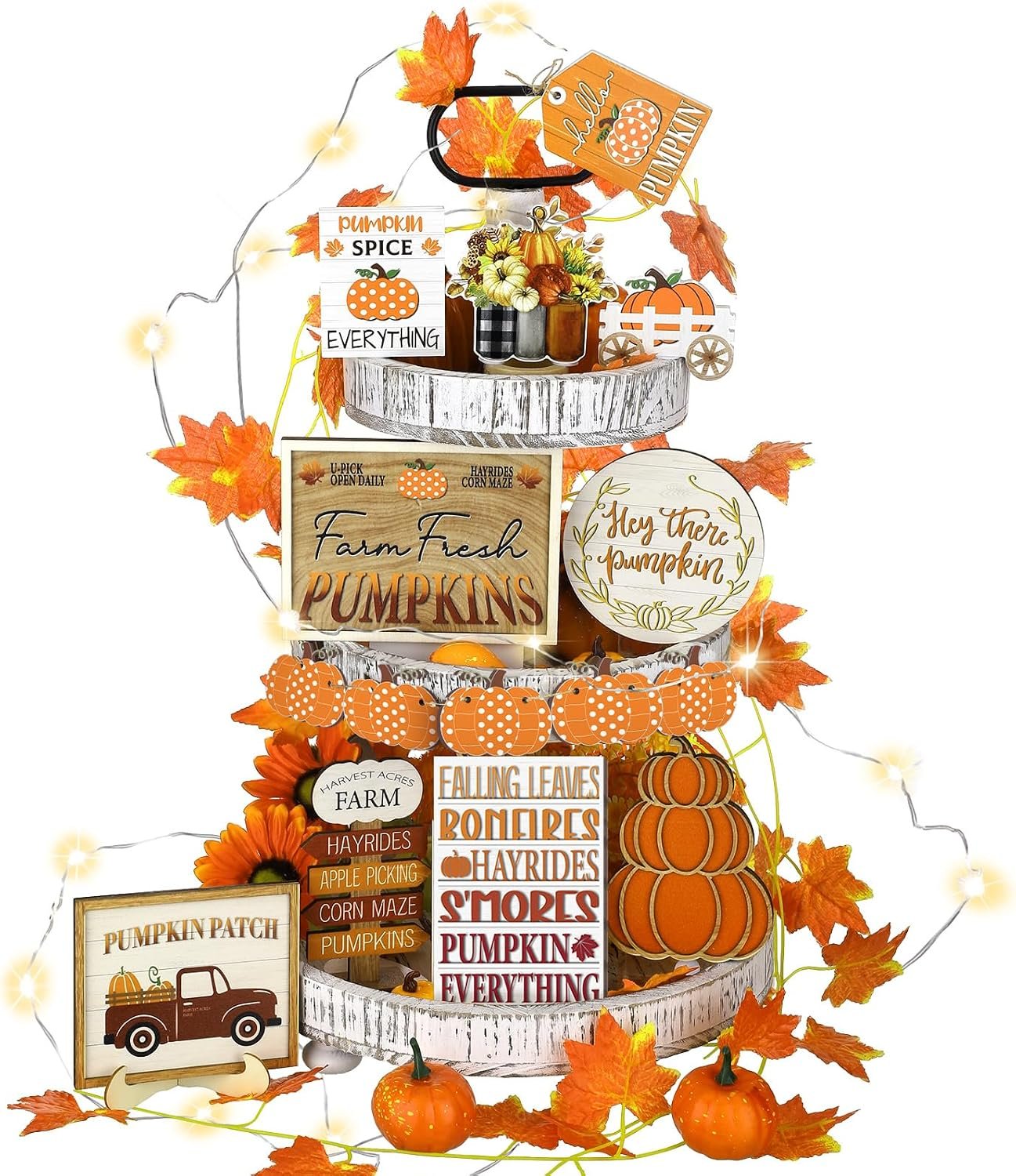 FairySandy 14 Pcs Fall Tiered Tray Decor Fall Pumpkin Wooden Decorations Set Rustic Farmhouse Thanksgiving Truck Spice Blocks Autumn Wooden Tabletop Sign for Home Autumn Harvest Table Shelf