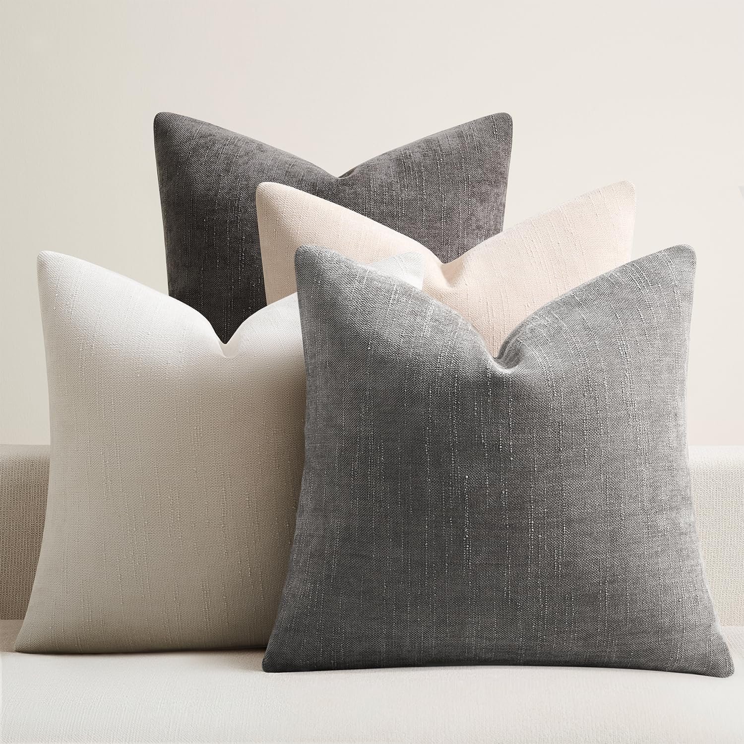 Pack of 4 Throw Pillow Covers 18×18 Inch Chenille Textured Neutral Grey Soft Pillow Covers Solid Decorative Farmhouse Cushion Covers Home Boho Decor for Couch Sofa Bed Living Room