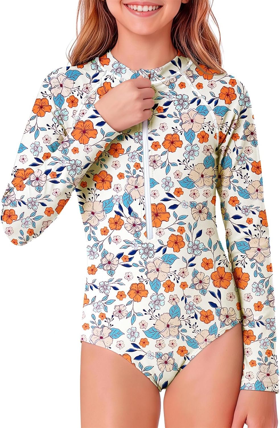 Century Star UPF 50+ Girls Long Sleeve Swimsuit – Rash Guard Swimsuit Toddler Kids Teen One Piece Bathing Suit Zip 2-15Y