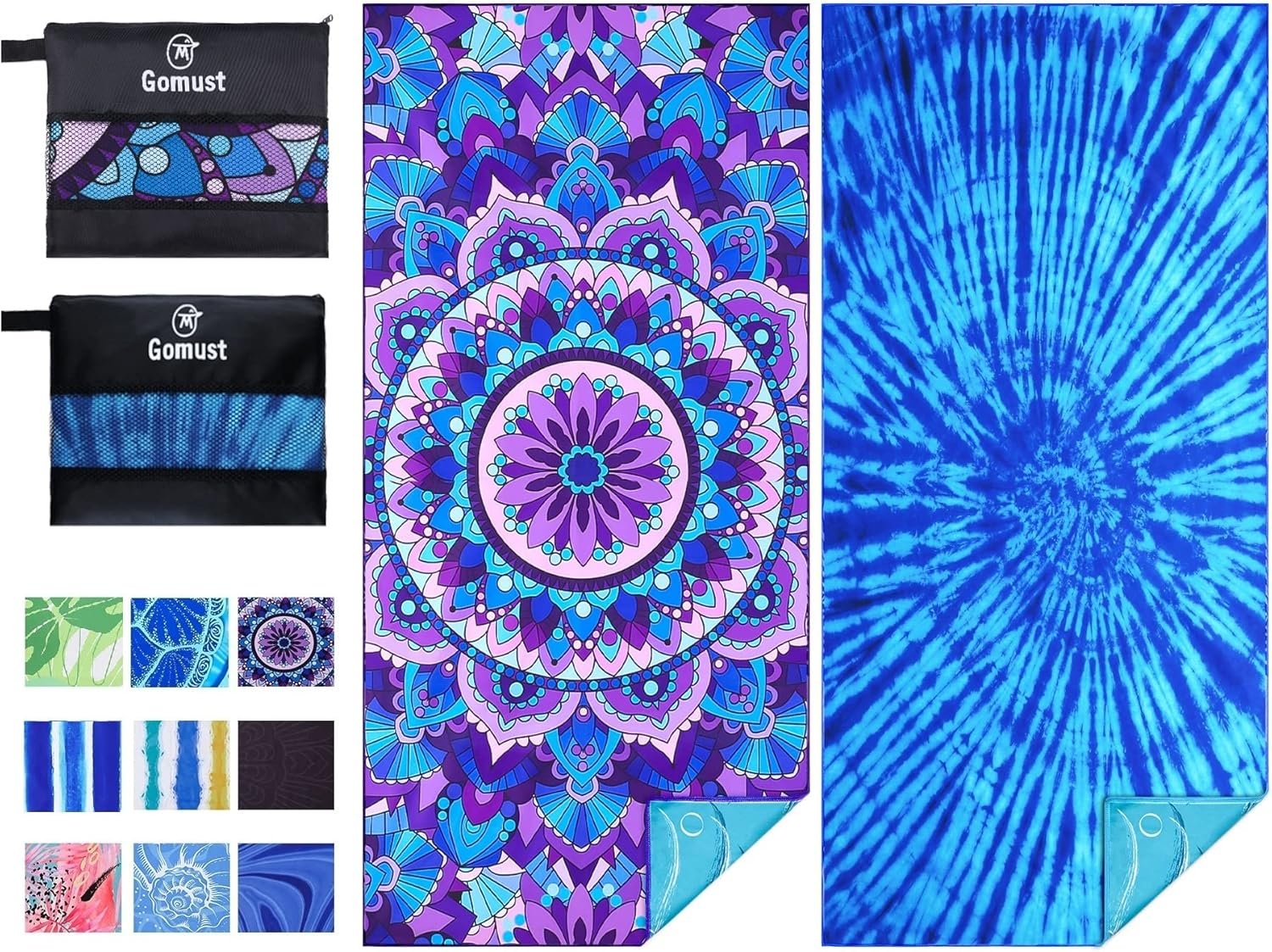 2 Pack Lightweight Thin Beach Towel Oversized 71″x32″ Big Extra Large Microfiber Sand Free Towels for Adult Quick Dry Travel Camping Beach Accessories Vacation Essential Gift Tie Dye Purple Mandala