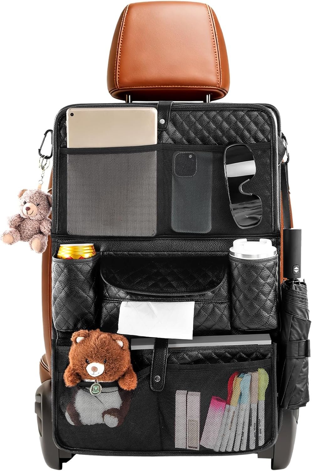 Car Seat Organizer with Foldable Table Tray – 11 Storage Pockets PU Leather Backseat Organizer with Tablet Holder, Seat Back Protector Kick Mat for Kids Family Road Trip Accessories (Black)