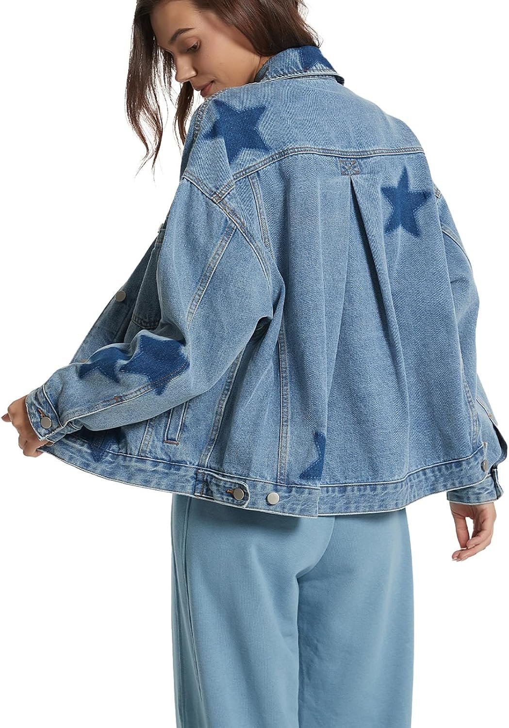 D-Sun Women Casual Denim Jacket Oversized Leopard Stars Printed Boyfriend Vintage Jean Jacket Coat with Pockets