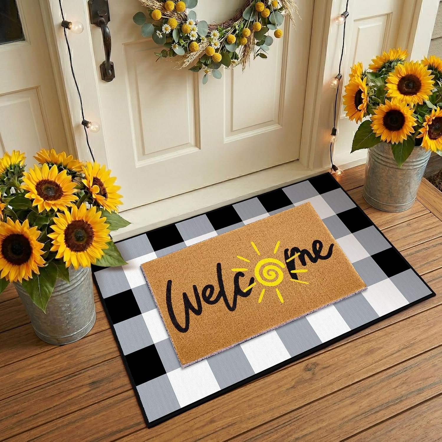 2 Pcs Summer Welcome Door Mat Set, Welcome Sun Decorative Front Door Mat and Buffalo Plaid Rug, Washable Entryway Rug for Outdoor Indoor Home Farmhouse Porch Decor, 16×24 and 24×32 Inch