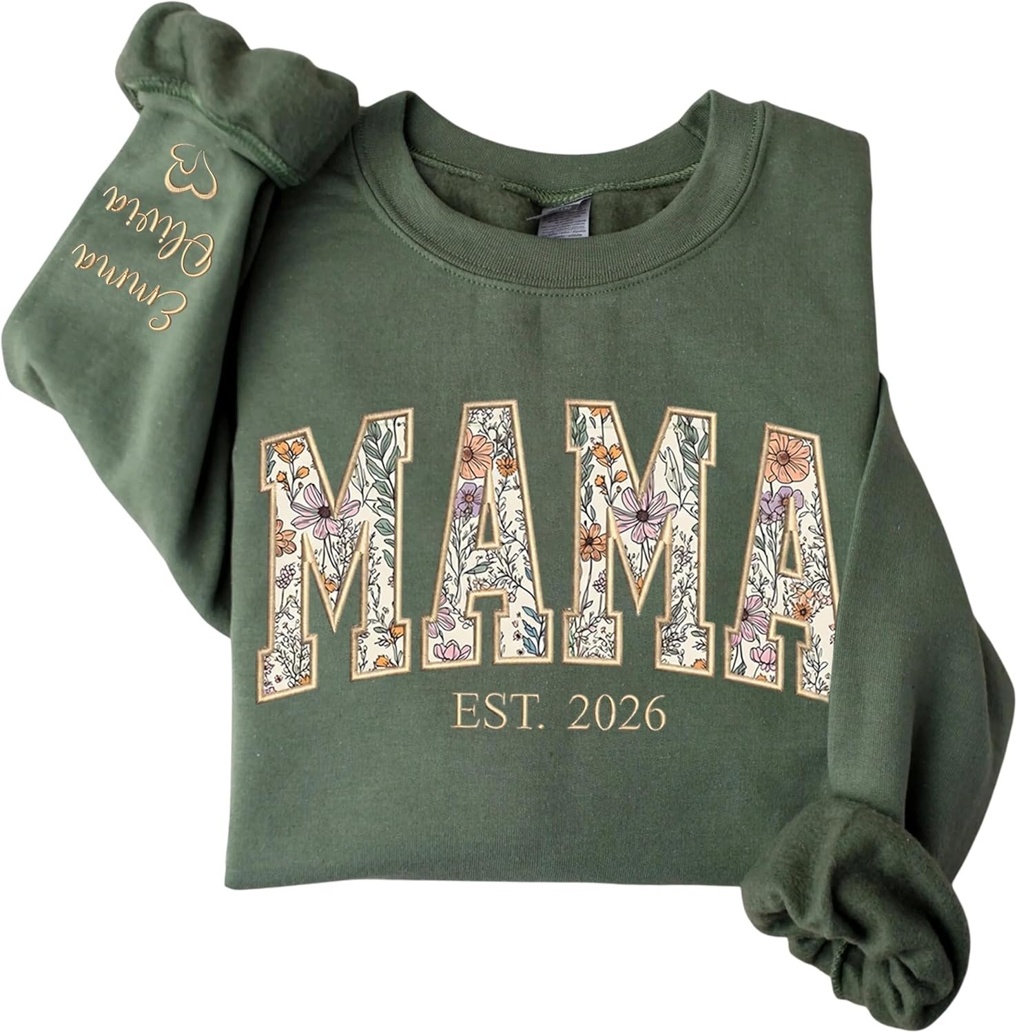 Personalized Floral Embroidered Mama Sweatshirt, Custom Mama Gifts from Grandkids, Grandma Pattern Flower Crewneck Sweater for Women, Mom, Mommy, Grandma, Nana, Gigi